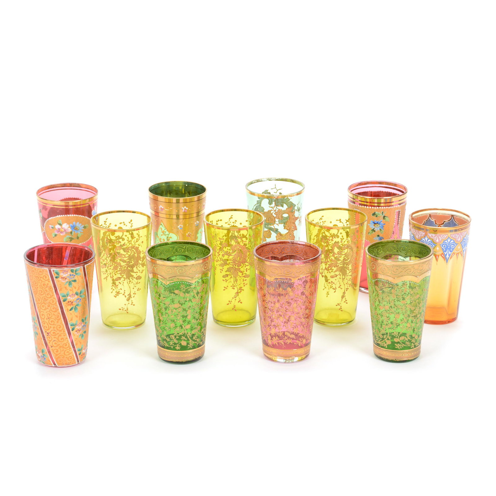Set Of (12) Moser Art Glass Juices With Case: Set Of (12) Moser Art Glass Juices With Case, (10) Juice Glasses Are Of A Size (3.875") To Properly Fit The Case, The Remainder Are 4" In Height, Slightly Too Tall To Fit In Case, Set Consists Of Vari