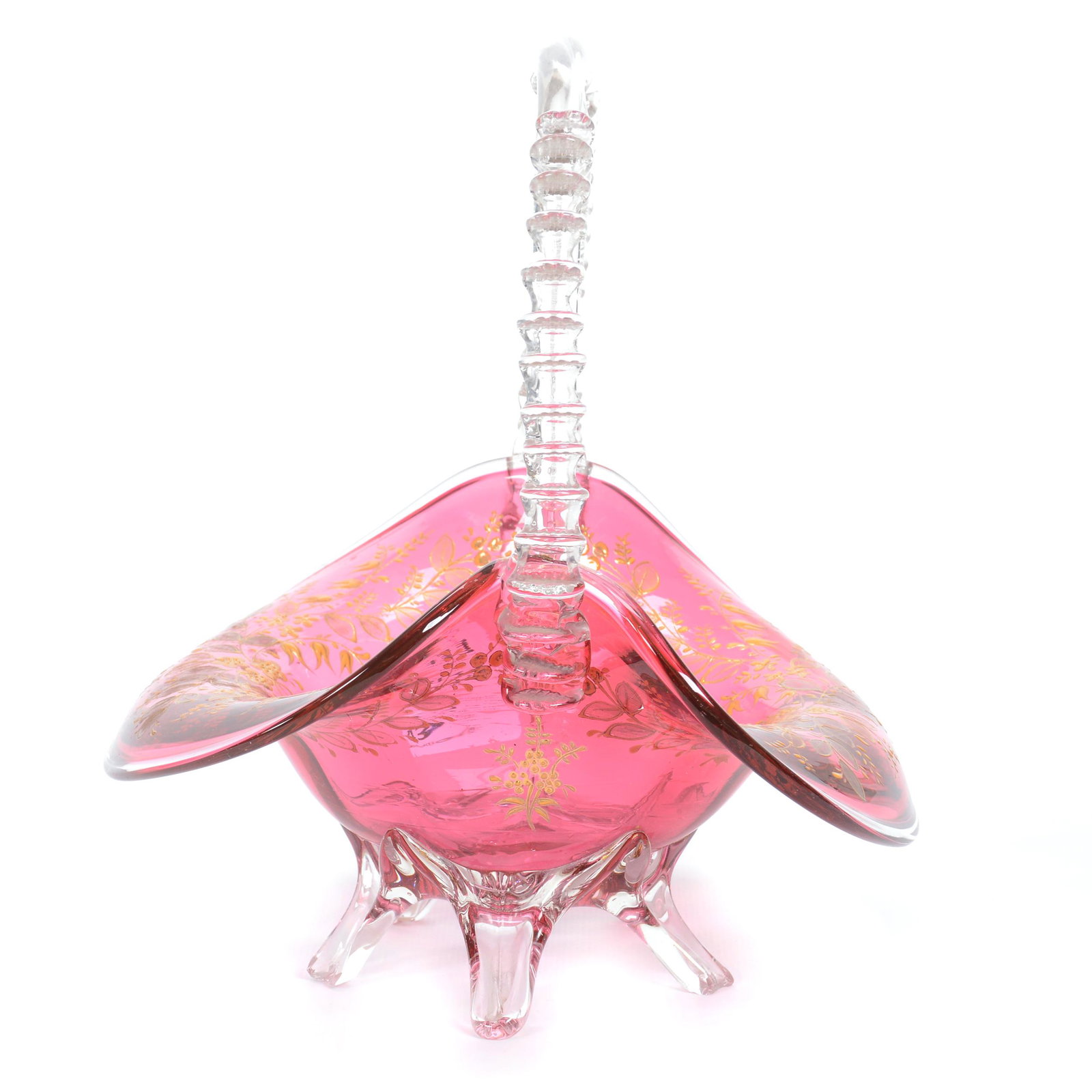 Footed Basket, Unmarked Moser Art Glass: Footed Basket, Unmarked Moser Art Glass, 9" x 8", Cased Cranberry With Enamel Floral Decor, Applied Clear Glass Handle With Ridges, One Ridge Is Broken, Two Feet Chipped, Gary Baldwin Collection
