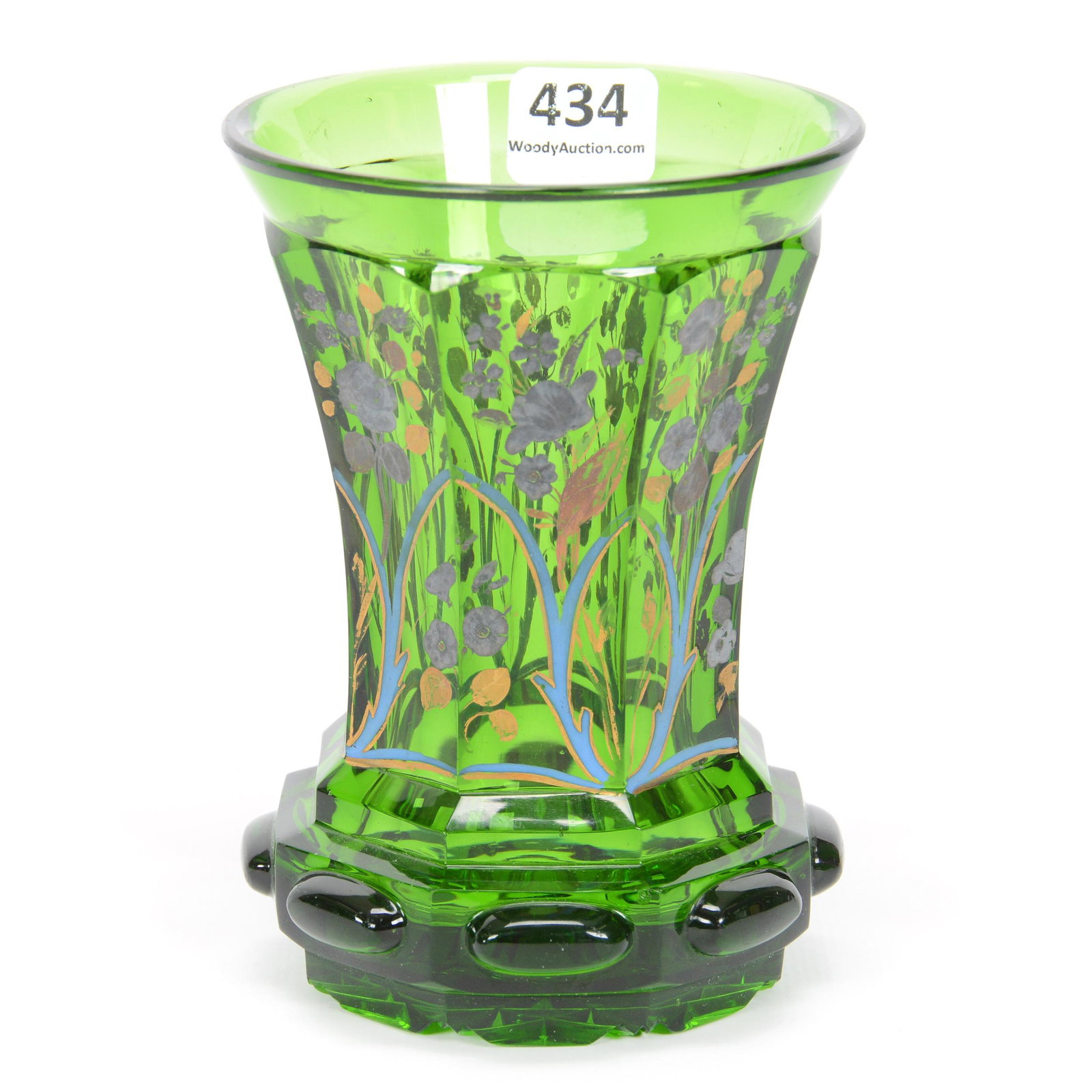 Beaker, Unmarked Biedermeier: Beaker, Unmarked Biedermeier, 5", Emerald Green With Silver, Blue And Gold Enamel Highlights, Star Cut Base, Gary Baldwin Collection