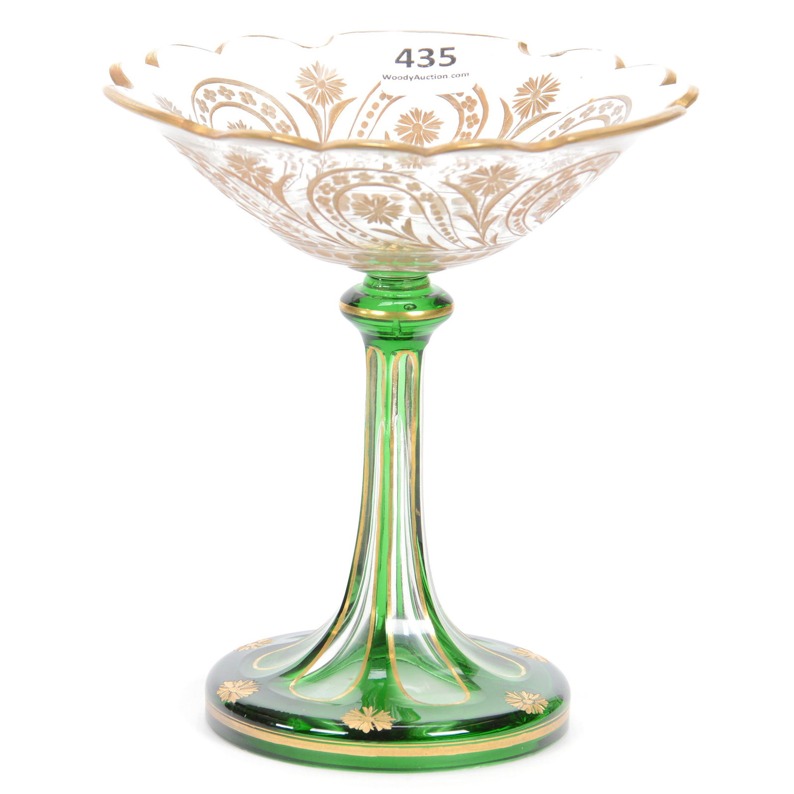 Compote, Attributed To Moser Art Glass: Compote, Attributed To Moser Art Glass, 6" x 5.25", Clear Bowl With Green To Clear Foot And Stem, Bowl Is Engraved With Floral Design And Gold Stencil Highlights, Gary Baldwin Collection