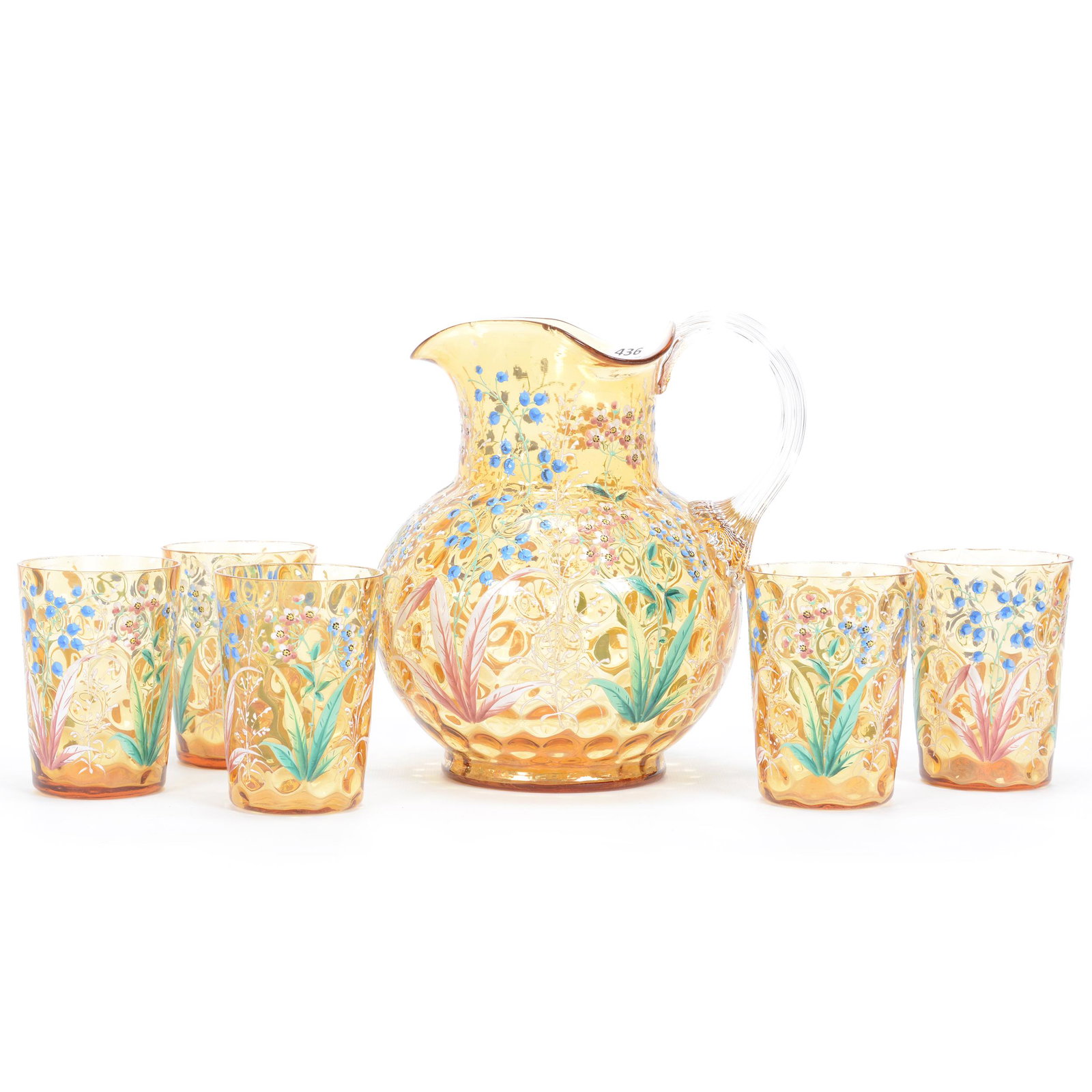 Water Set, Moser Style Art Glass: Water Set, Moser Style Art Glass, Solid Amber Coinspot With Elaborate Enamel Floral Decor, Clear Applied Ribbed Handle, (1) 8.75" Pitcher, Two Interior Rim Chips, (5) Matching 4.25" Tumblers, Gary Bal