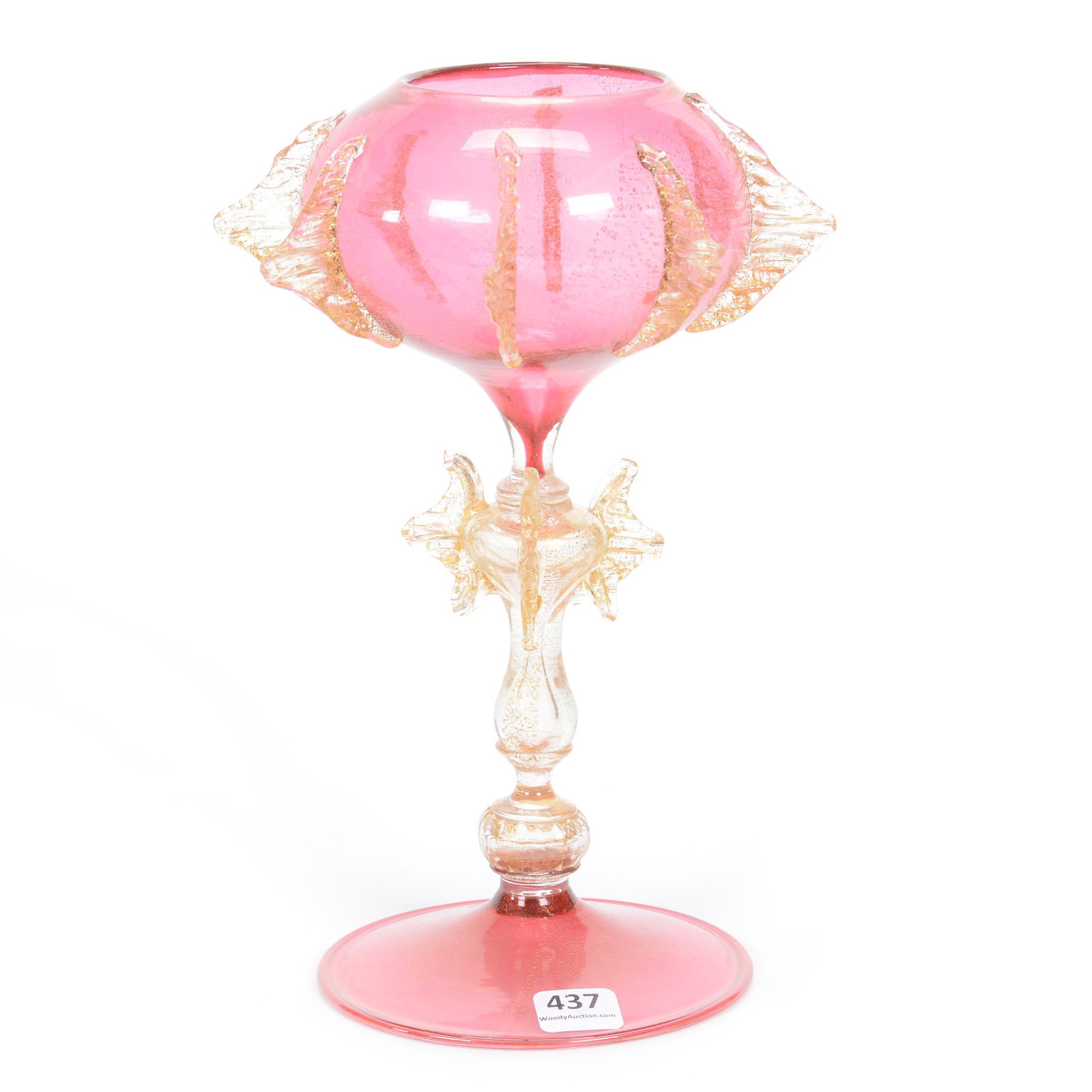 Venetian Art Glass Vase, Cased Cranberry: Venetian Art Glass Vase, Cased Cranberry, 9.75" x 6.25 , Bowl And Foot, Gold Mica Stem And Applied Glass "Fins", Circa 1890's, Gary Baldwin Collection