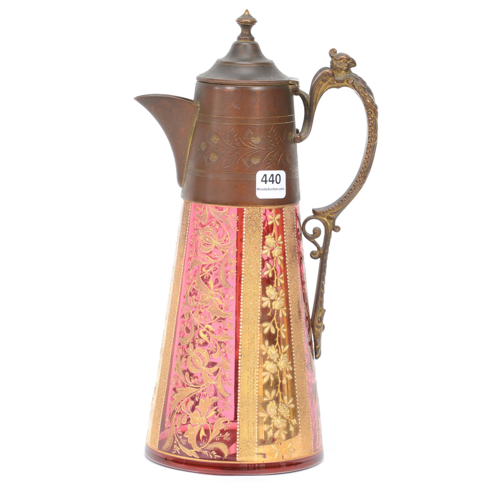 Pitcher, Unmarked Moser Art Glass, Cranberry: Pitcher, Unmarked Moser Art Glass, Cranberry, 11.5", Heavy Gold Enamel Floral Decor, Ornate Metal Collar, Spout, Flip Lid And Figural Eagle Handle, Gary Baldwin Collection