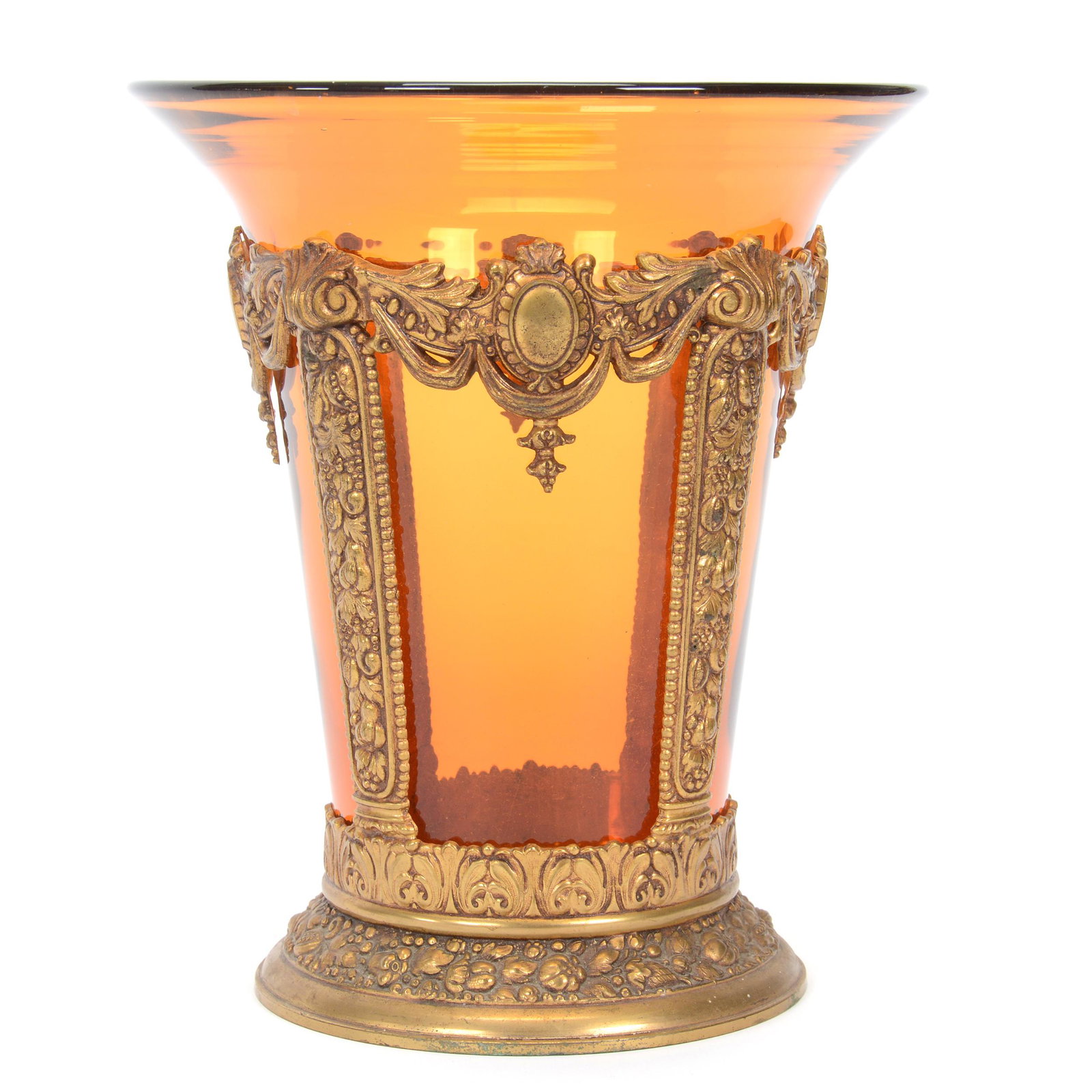 Vase, Unmarked Moser Art Glass, Solid Amber: Vase, Unmarked Moser Art Glass, Solid Amber, 9" x 8", Art Glass Insert, Polished Pontil Base, Set In Heavy Gilt Metal Frame Marked "Patent Applied For", Circa 1930's, Gary Baldwin Collection