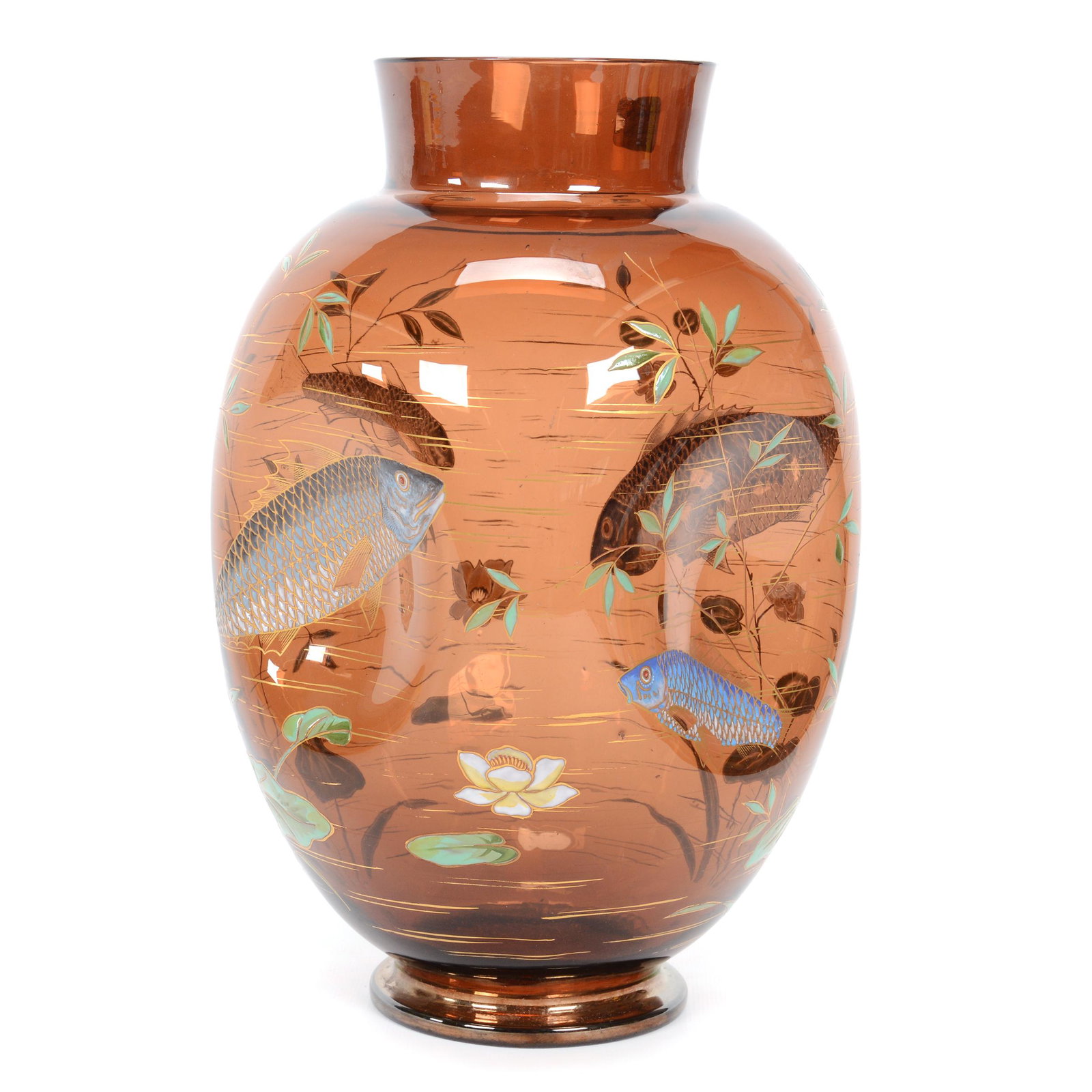 Vase, Unmarked Moser Art Glass, Solid Amber: Vase, Unmarked Moser Art Glass, Solid Amber, 12.25" x 7.5", Deep Amber With Enamel Fish And Underwater Decor, Nice Quality, Circa 1930's, Gary Baldwin Collection