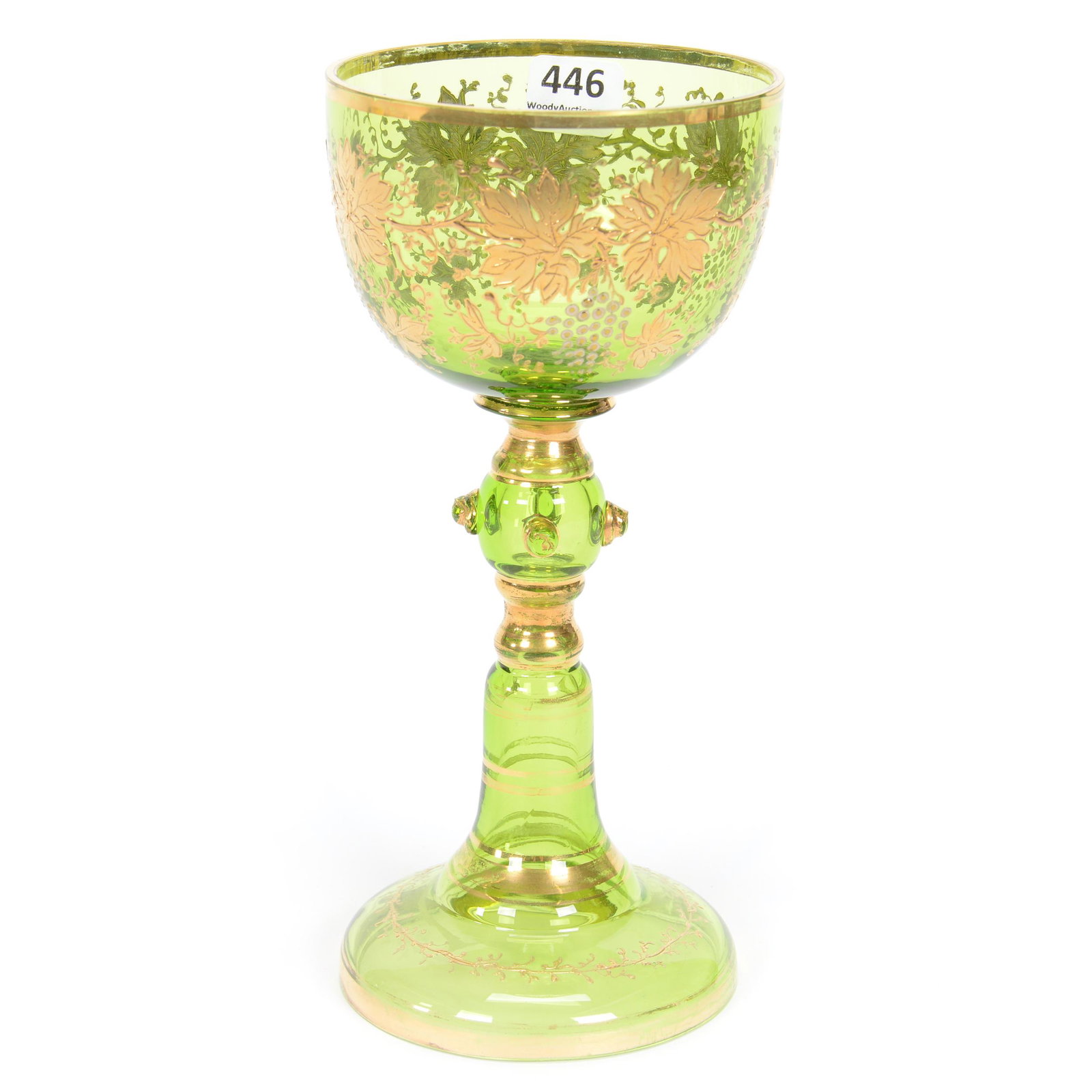Chalice, Unmarked Moser Art Glass: Chalice, Unmarked Moser Art Glass, 8.25" x 4", Solid Green With Heavy Gold And Silver Enamel Vintage Motif, Gary Baldwin Collection
