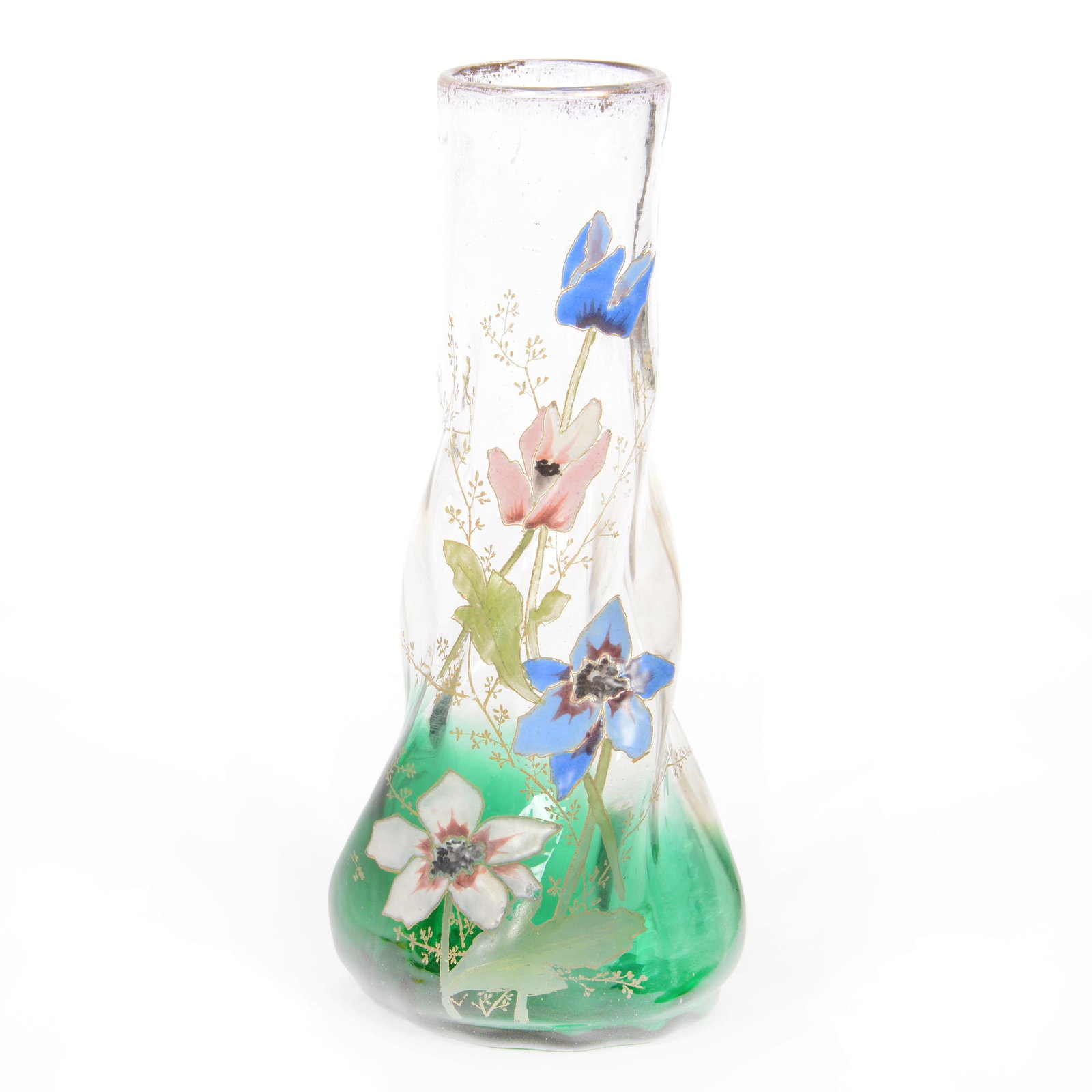 Vase, Unmarked Moser Art Glass: Vase, Unmarked Moser Art Glass, 8.25" x 3.5", Clear Shading To Emerald Green, Heavy Enamel Floral Decor, In Style Of Mont Joye, Gary Baldwin Collection