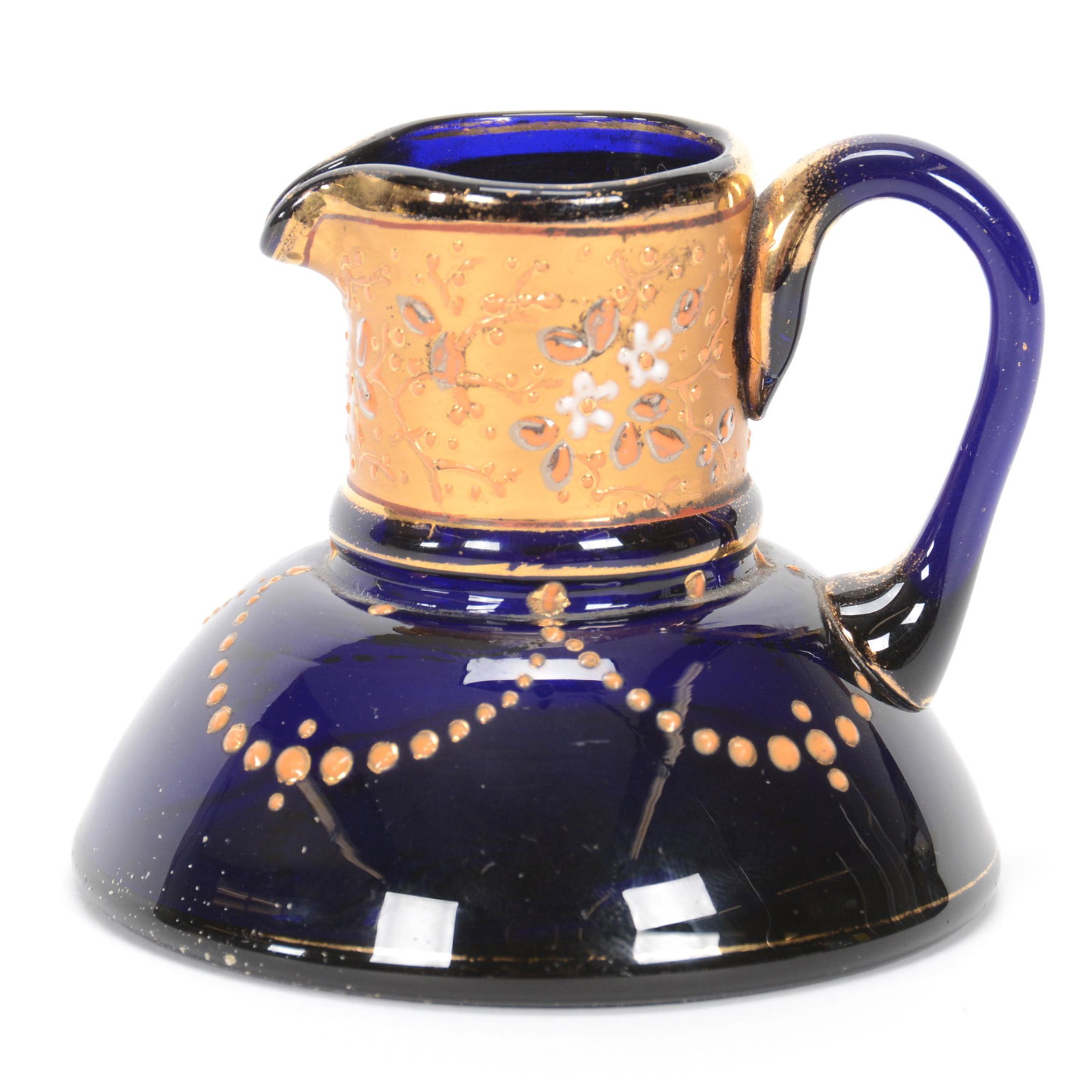 Miniature Pitcher, Unmarked Moser Art Glass: Miniature Pitcher, Unmarked Moser Art Glass, 2.25" x 2.75", Cobalt Blue With Enamel Garland And Floral Decor, Polished Pontil Base, Circa 1890's, Gary Baldwin Collection