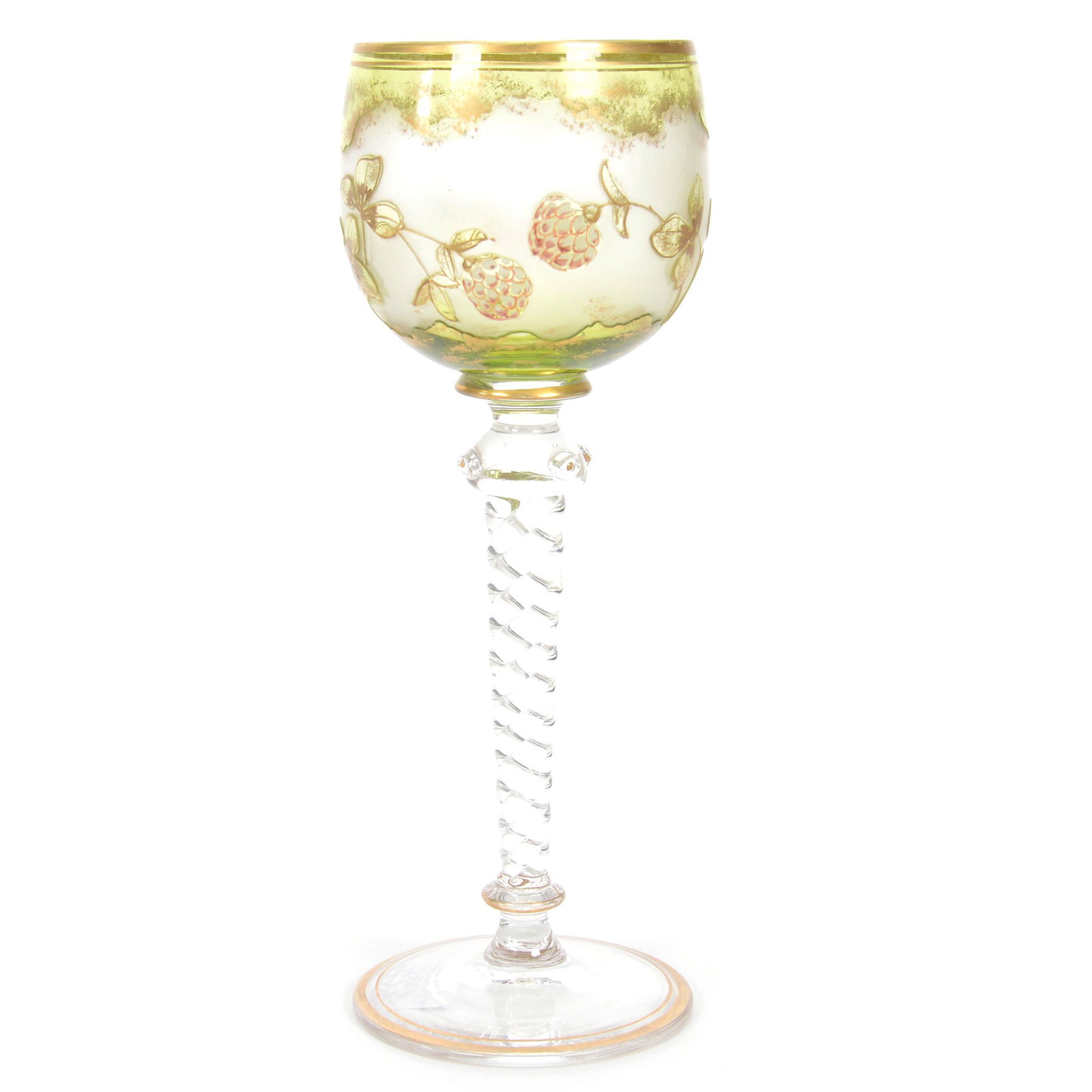 Wine Stem, Unmarked Bohemian Cameo Art Glass: Wine Stem, Unmarked Bohemian Cameo Art Glass, 7.5", Acid Cut Green To Clear Bowl, Berry And Leaf Design, Solid Clear Twist Stem, Circa 1900, Gary Baldwin Collection
