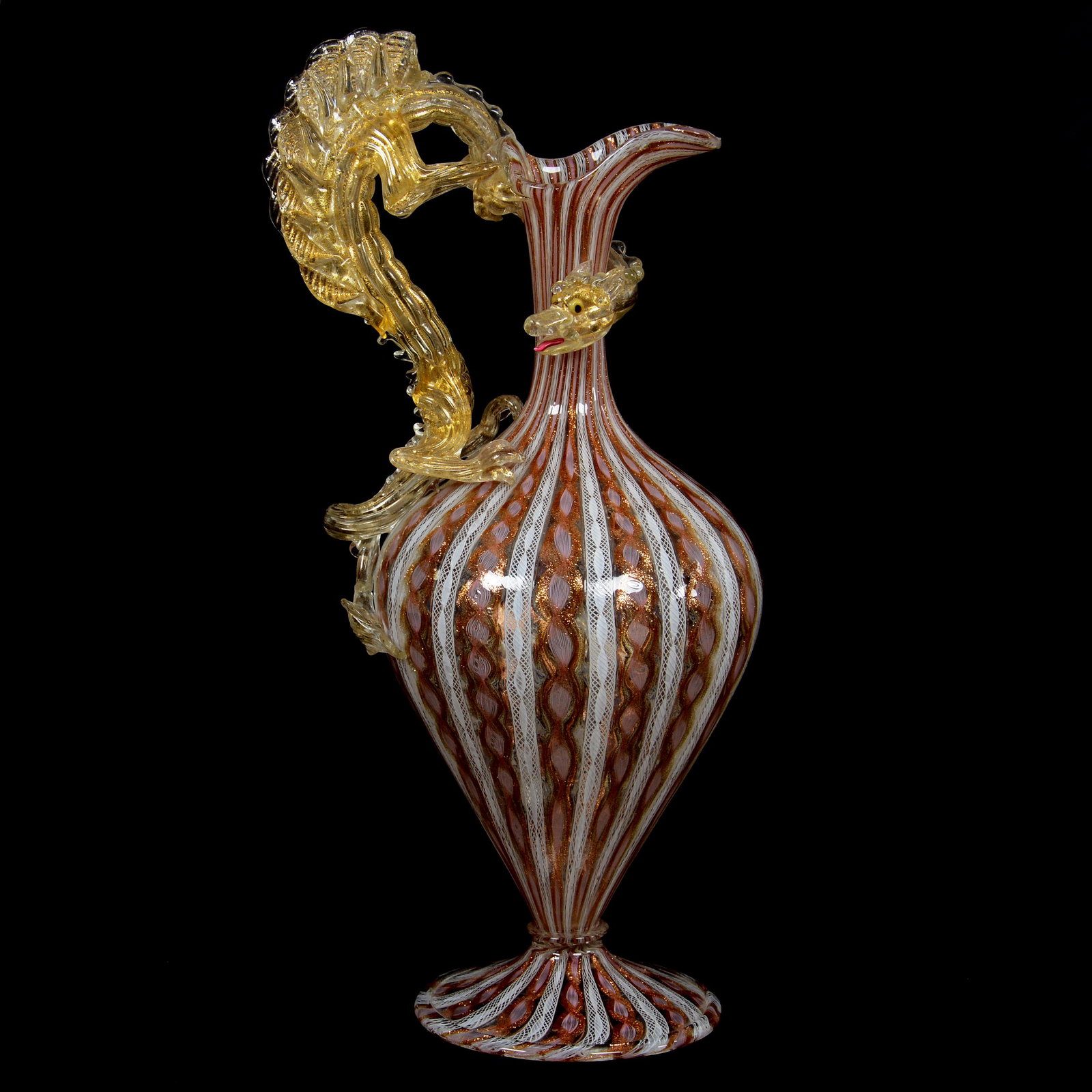 Pedestal Ewer, Venetian Murano Art Glass: Pedestal Ewer, Venetian Murano Art Glass, 14.25", Pink And White Ribbon Design With White Latticino And Gold Mica Highlights, Full Figure Dragon Handle, Very Unusual, Gary Baldwin Collection