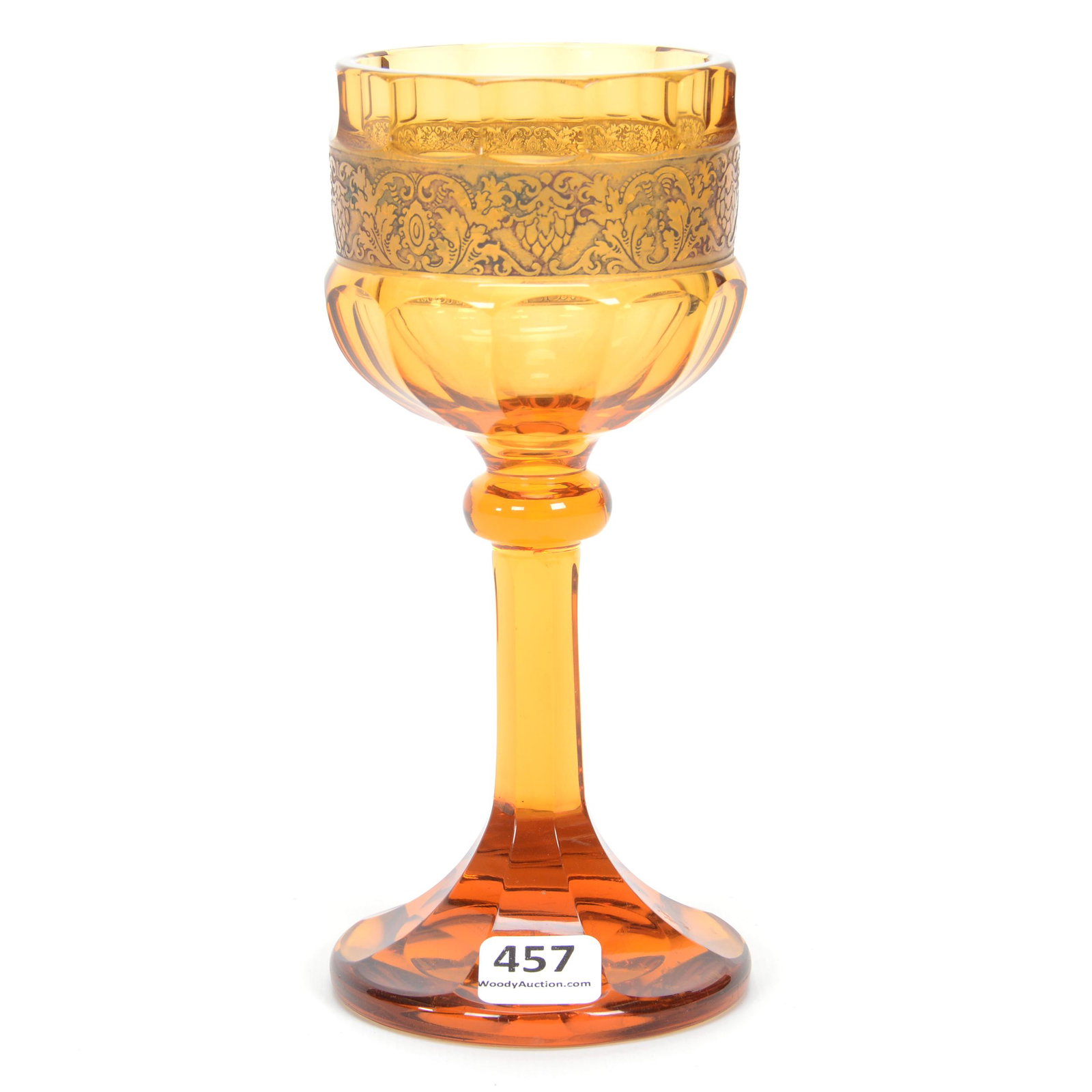 Wine Stem Signed Moser Amber, Cameo Frieze Border: Wine Stem Signed Moser Amber, Cameo Frieze Border, 6.75", Signed "Czechoslovakia Moser Karlsbad", Solid Amber With Cameo Frieze Decor, Gary Baldwin Collection