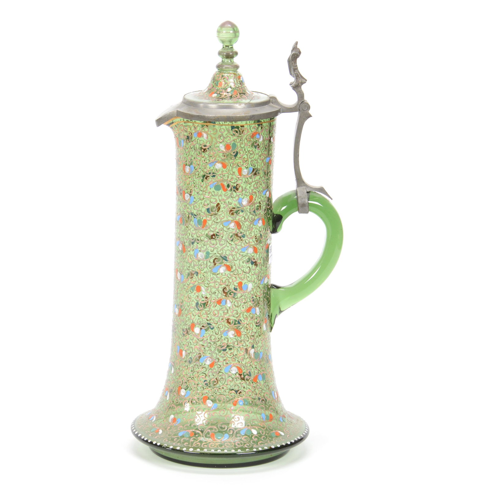 Stein, Unmarked Moser Art Glass: Stein, Unmarked Moser Art Glass, 15.75", Solid Green Glass With Extensive Enamel Scroll Decor, Applied Green Glass Handle, Pewter & Glass Flip Lid, Crack In Glass In Lid, Circa 1900's, Gary Baldwin Co