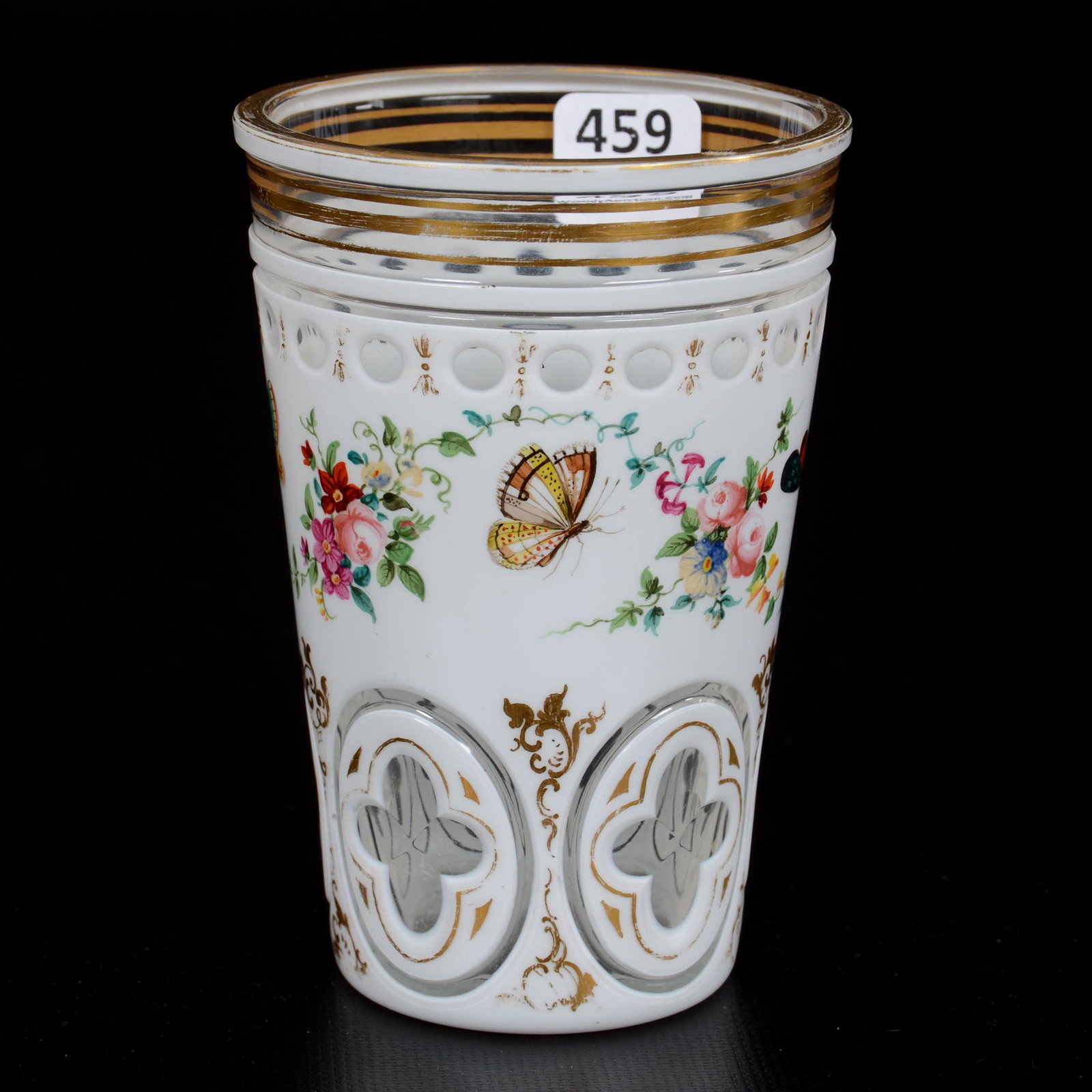 Beaker, Unmarked Bohemian Art Glass: Beaker, Unmarked Bohemian Art Glass, 4.75" x 3.25", Clear Crystal With White Overlay, Elaborate Colorful Butterfly And Floral Enamel With Gold Highlights, Circa 1860's, Gary Baldwin Collection