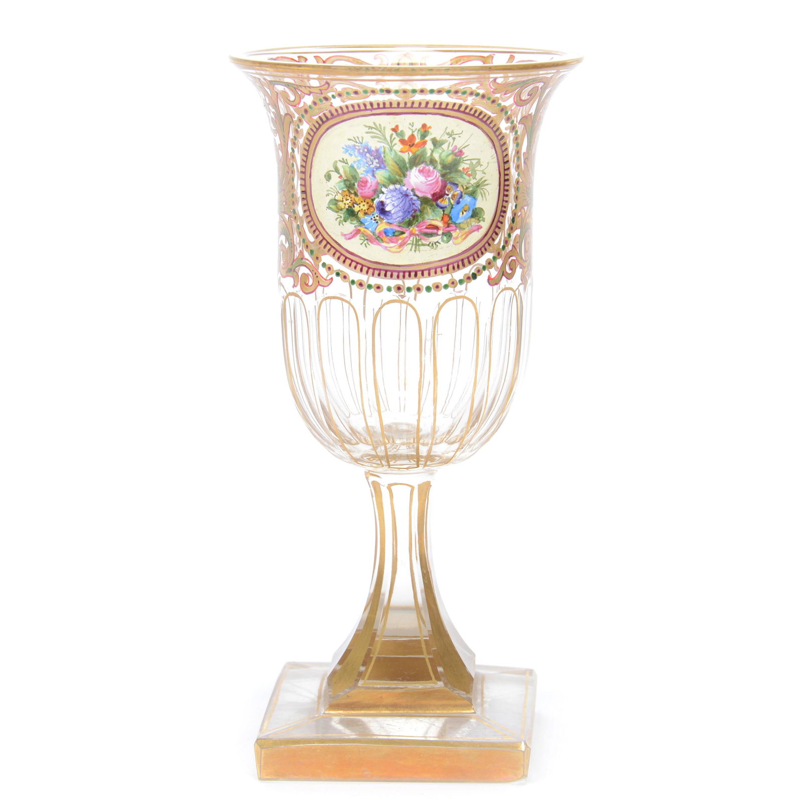Stem Attributed To Fritz Heckert: Stem Attributed To Fritz Heckert, 5.75" x 3", Clear Crystal With Colorful Medallion With Floral Decor, Elaborate Gold Stencil Highlights, Square Base, Gary Baldwin Collection