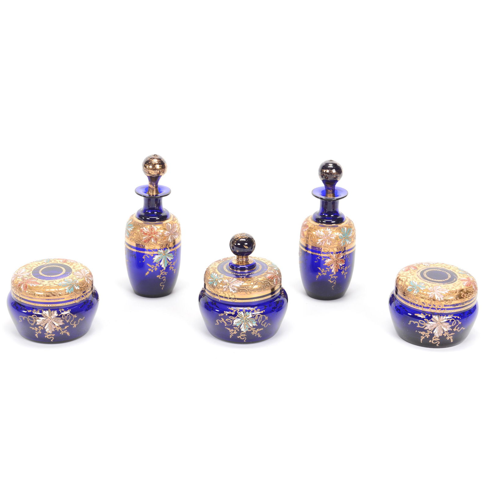 Dresser Set, Moser Art Glass, Five Piece: Dresser Set, Moser Art Glass, Five Piece, Cobalt Blue With Heavy Gold Band And Colorful Enamel Oak Leaf Decor, (2) 5.5" Perfume Bottles, (1) 3.75" Covered Box With Finial, (2) 2.25" X 3" Covered Boxes
