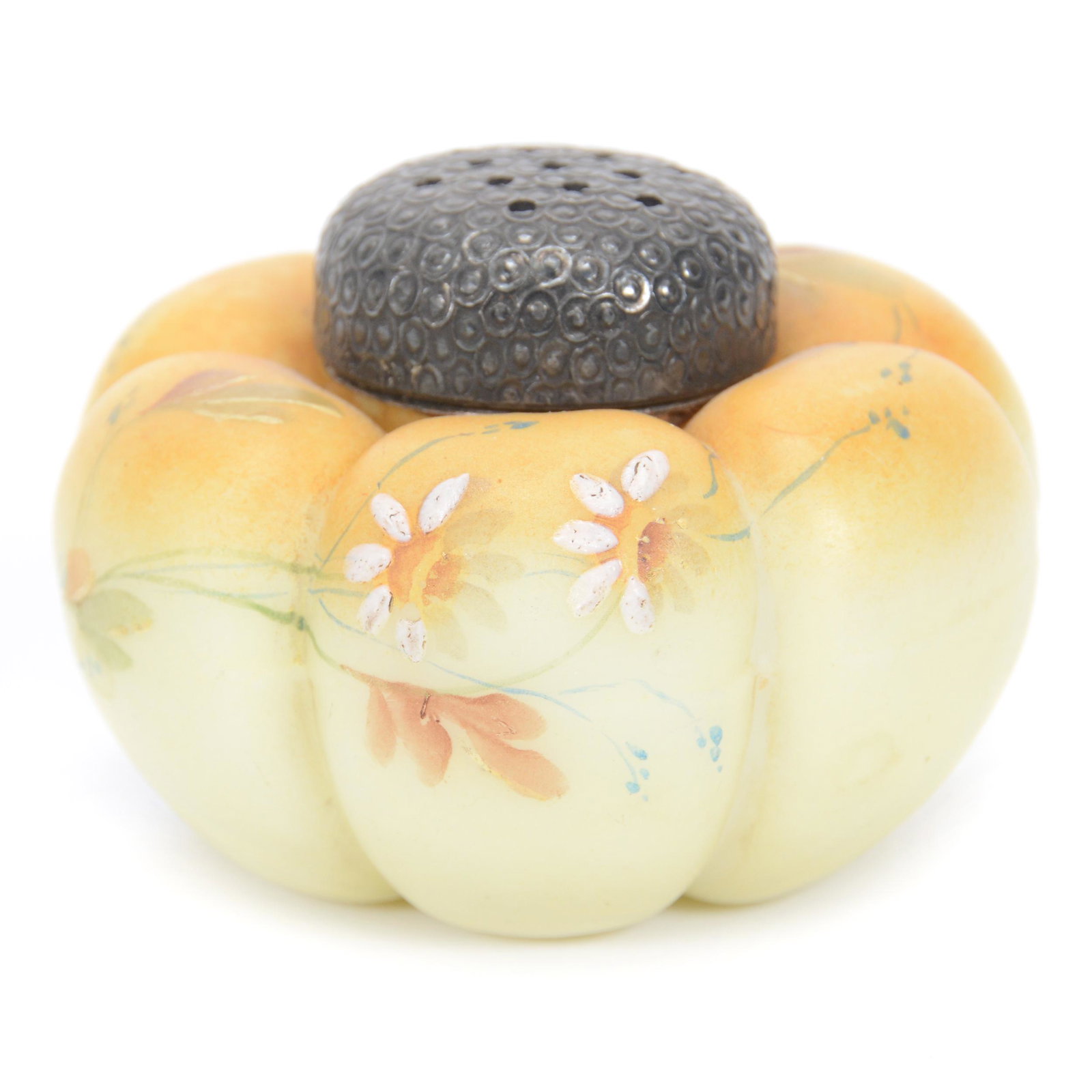 Salt Shaker, Mt. Washington Art Glass: Salt Shaker, Mt. Washington Art Glass, 2.5", Brown And Yellow Tones, Melon Shape, Enamel Floral Decor, Silverplate Top, Gary Baldwin Collection
