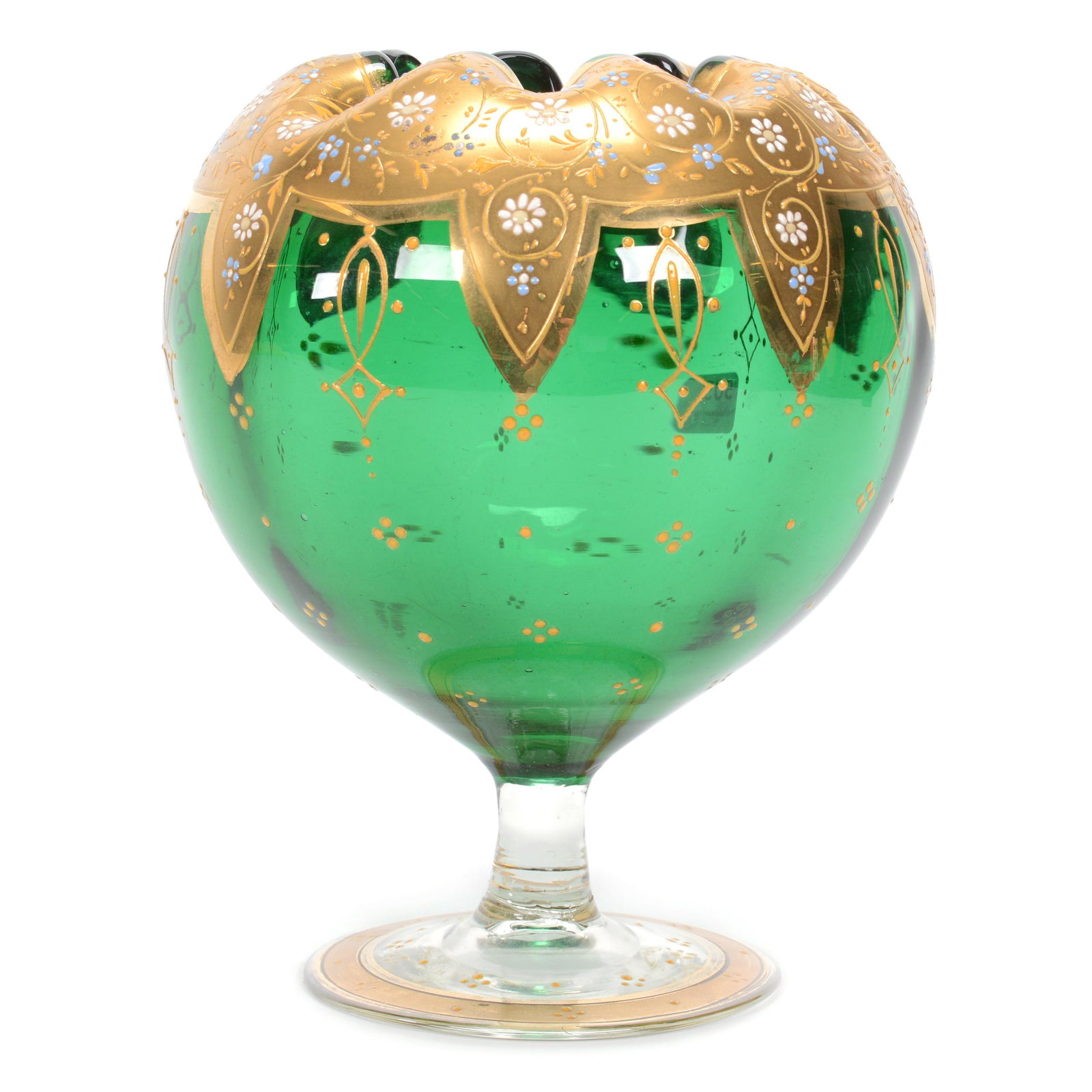 Pedestal Rose Bowl, Moser Art Glass: Pedestal Rose Bowl, Moser Art Glass, 8" x 6.5", Solid Green Bowl With Clear Stem And Foot, Enamel Decor With Heavy Gold Highlights, Circa 1885, Gary Baldwin Collection
