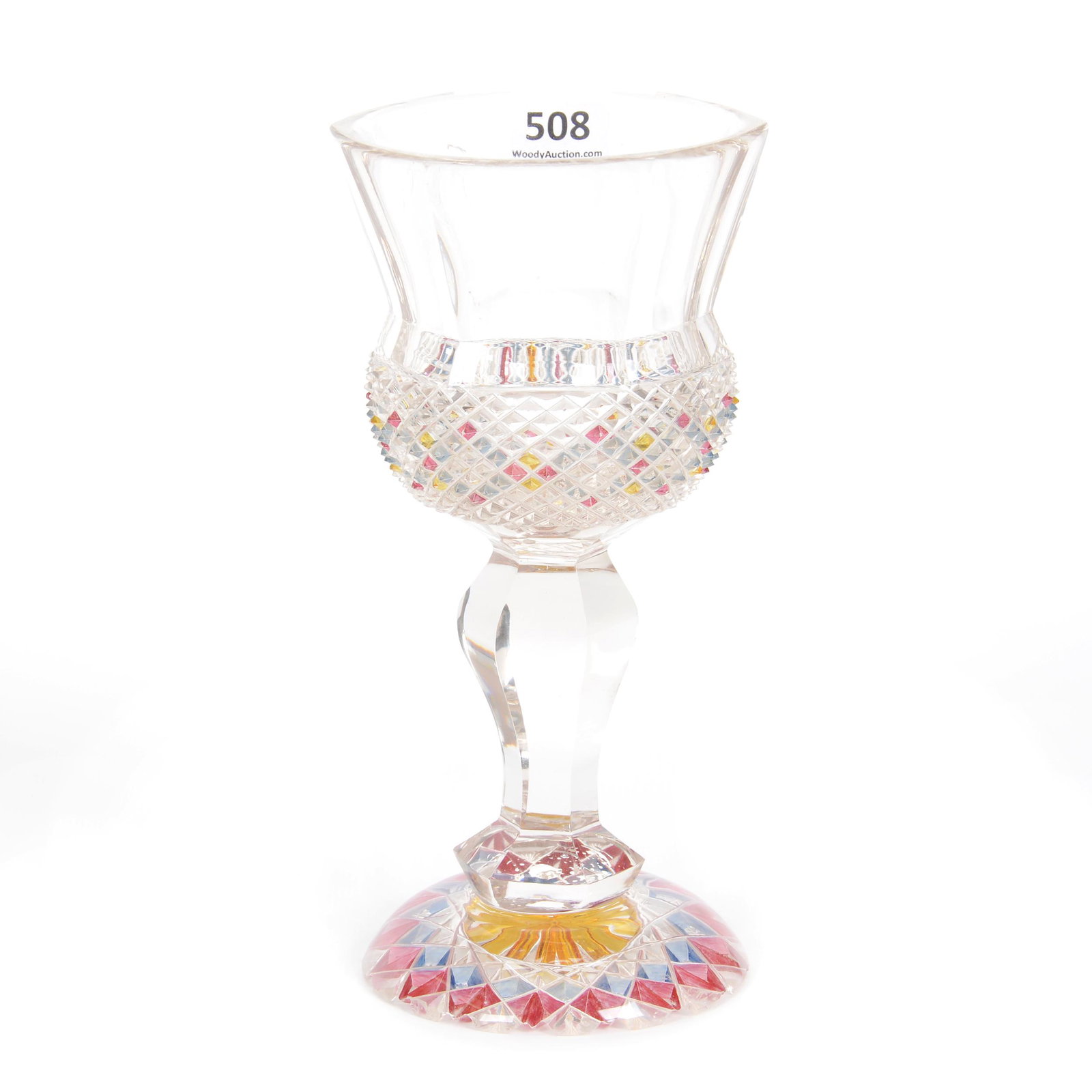 Goblet By Biedermeier: Goblet By Biedermeier, 7.5" x 3.5", Clear With Flashed Color Cut Back Design, Hobstar Foot, Diamond Point Band, Circa 1850's, Gary Baldwin Collection