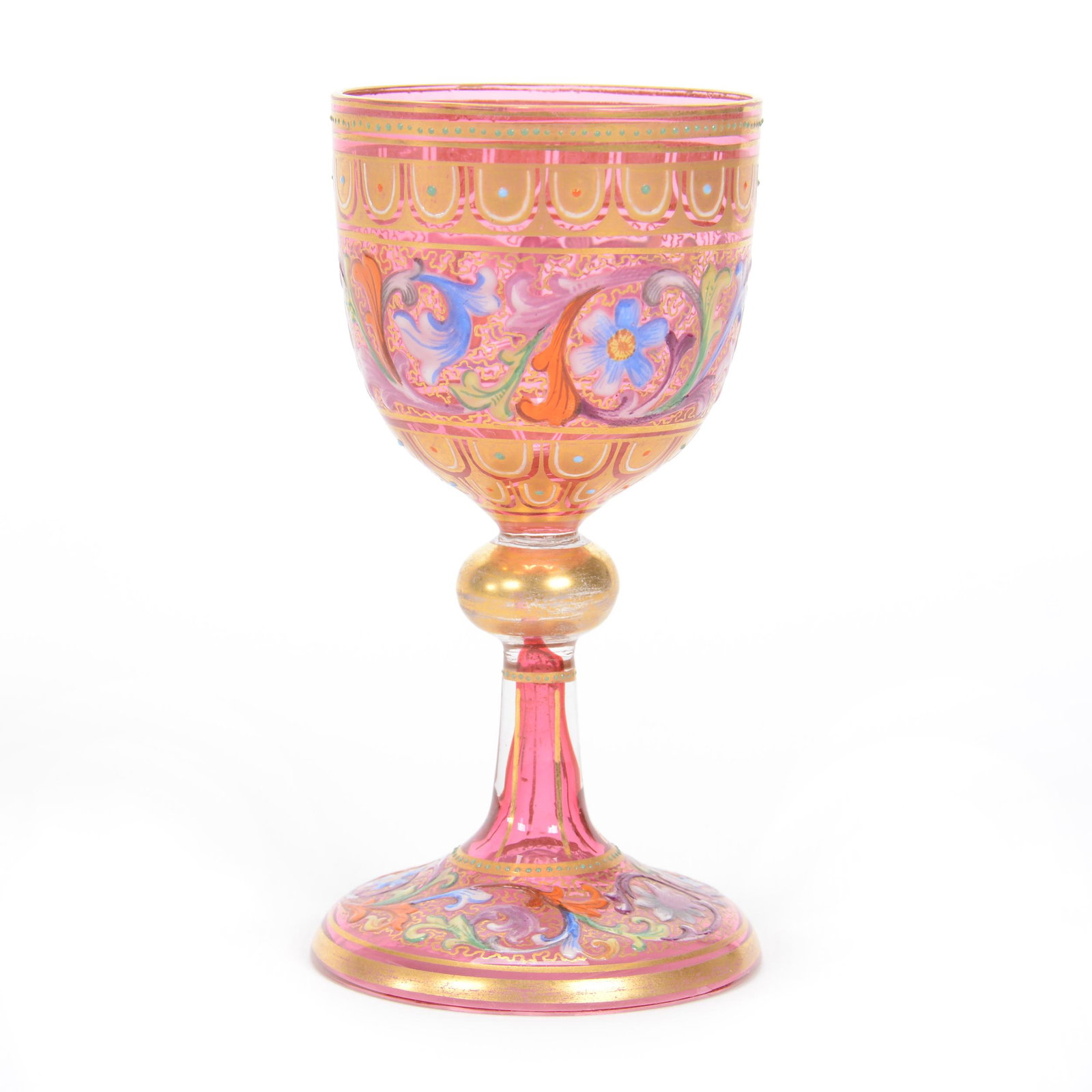 Wine Stem, Moser/Meyrs Neffe Art Glass: Wine Stem, Moser/Meyrs Neffe Art Glass, 4.25", Cranberry With Extensive Gold And Colorful Enamel Floral Scroll Design, Extra Nice, Gary Baldwin Collection