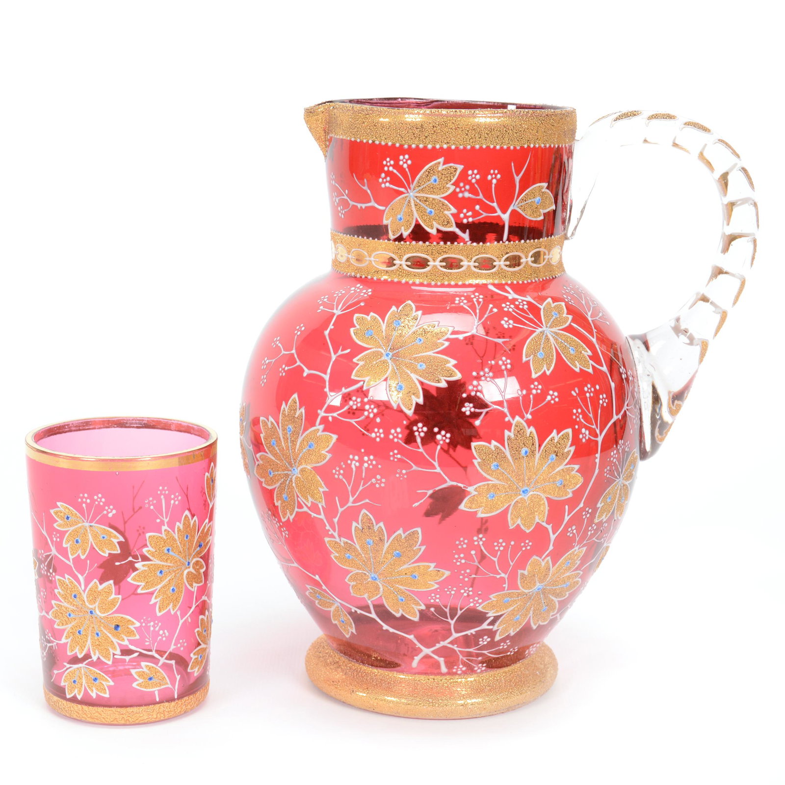 Pitcher & Tumbler, Moser Art Glass: Pitcher & Tumbler, Moser Art Glass, Cranberry With Gold Enamel Tapestry Leaf Decor, Blue Enamel Beaded Highlights, (1) 8.5" Water Pitcher, (1) 3.75" Tumbler, Gary Baldwin Collection