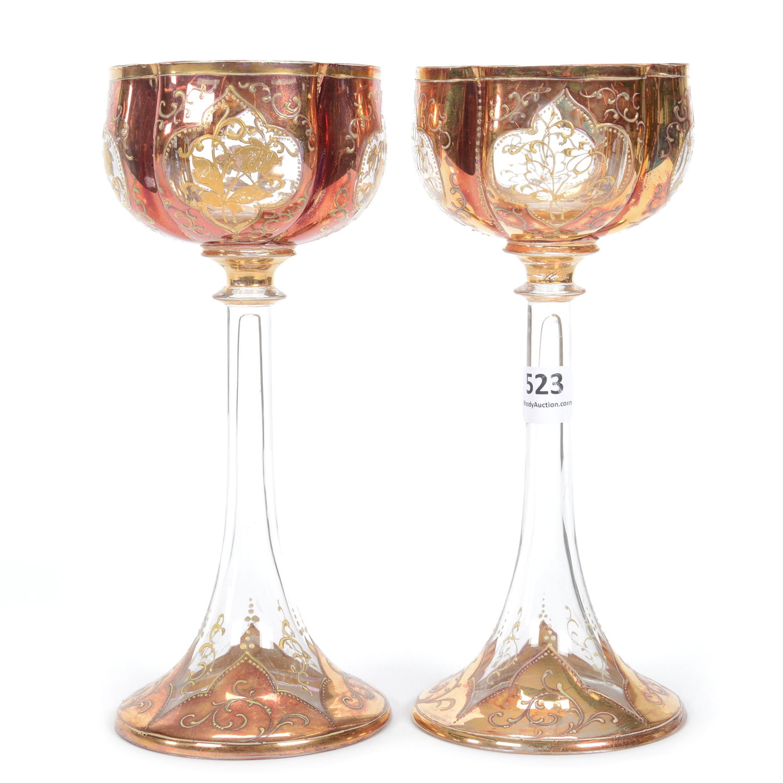 (2) Wine Stems, Moser Art Glass: (2) Wine Stems, Moser Art Glass, 8", Clear With Iridescent Gold Design With Floral Decor, Circa 1885, Gary Baldwin Collection