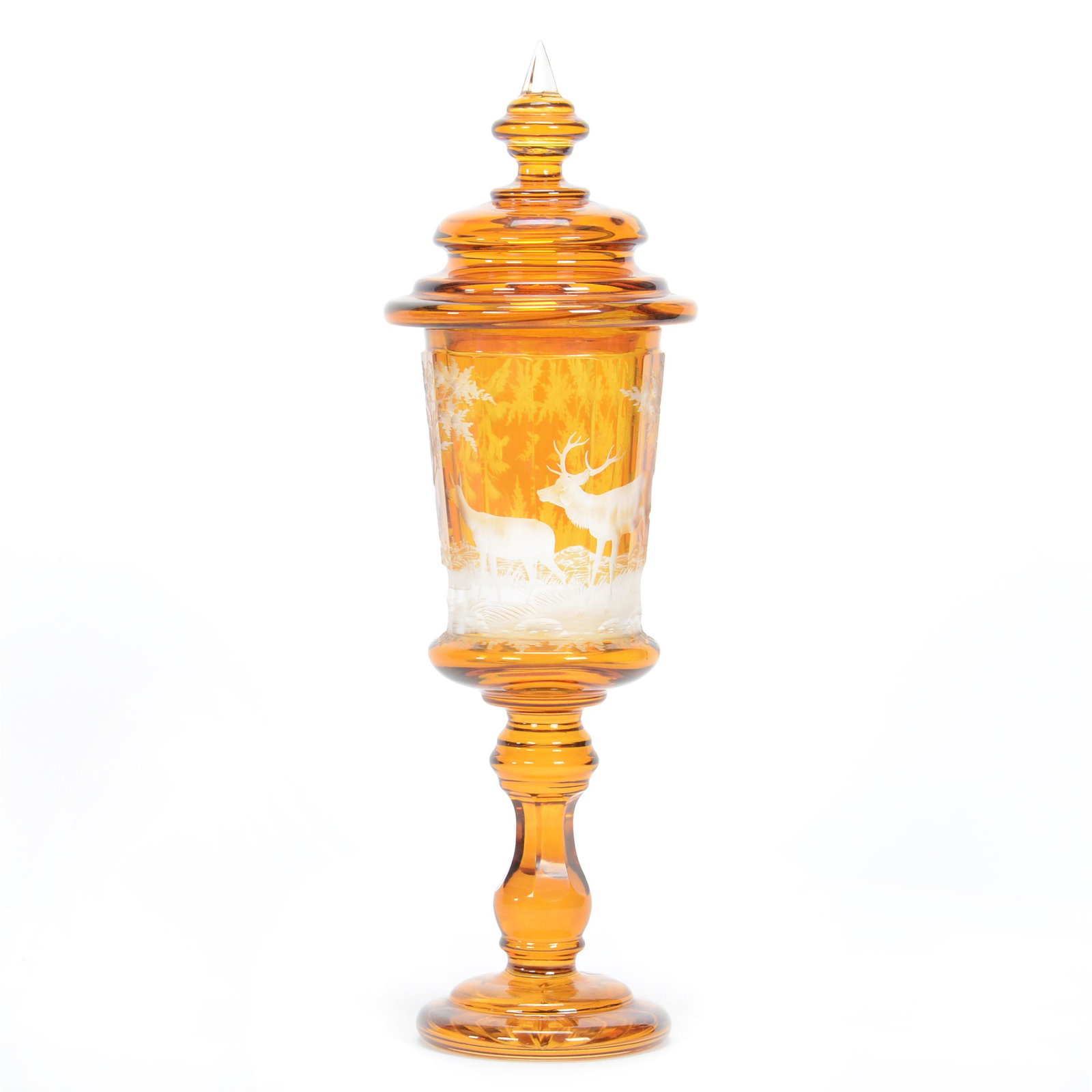 Pokal, Bohemian Art Glass: Pokal, Bohemian Art Glass, 14", Amber Engraved To Clear, Fine Quality Stag, Doe And Forest Scenic Decor, Ray Cut Foot, Gary Baldwin Collection