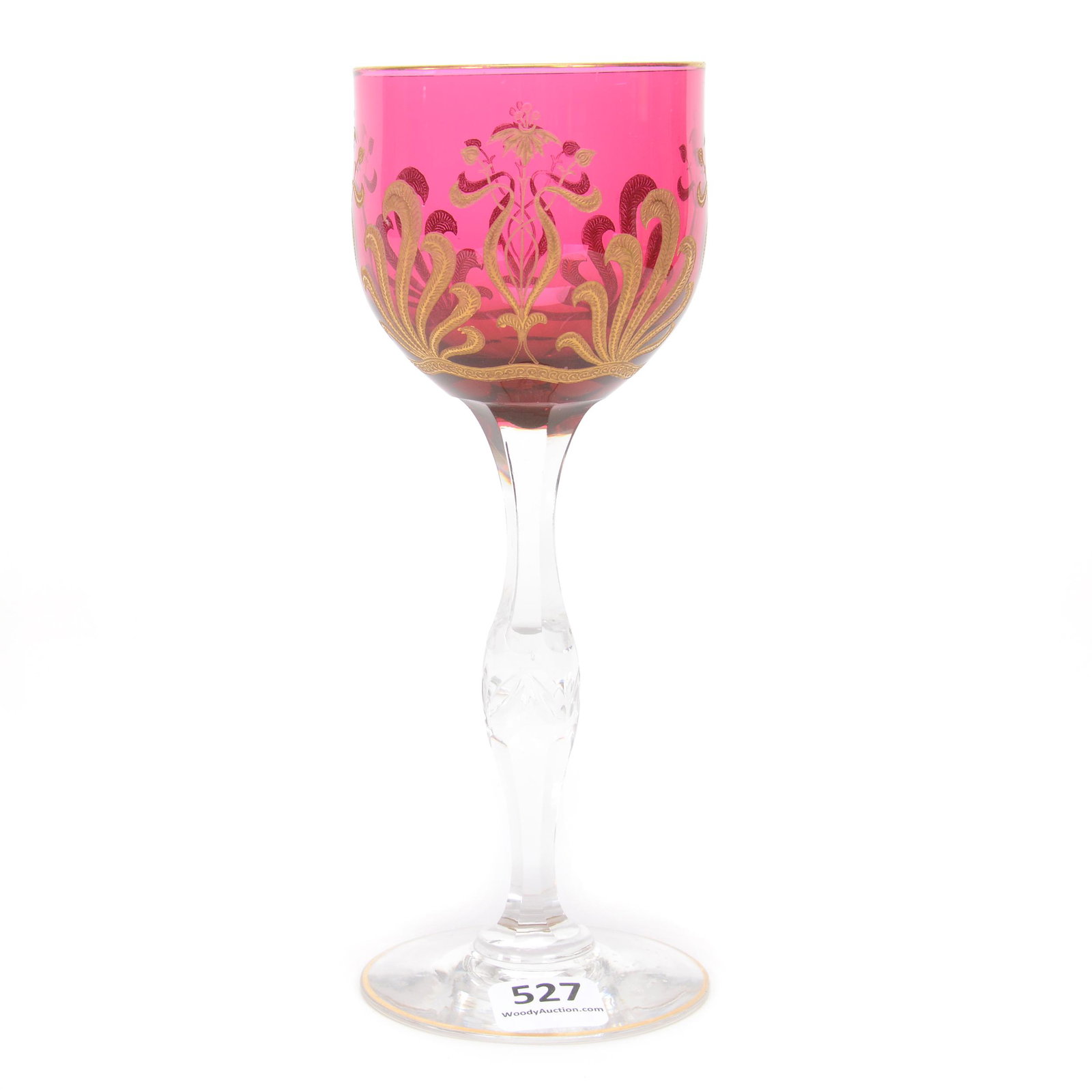 Wine Stem, Moser Style Art Glass: Wine Stem, Moser Style Art Glass, 7.25", Cranberry Bowl With Clear Stem And Foot, Fern And Floral Gold Etched Design, Circa 1900, Gary Baldwin Collection