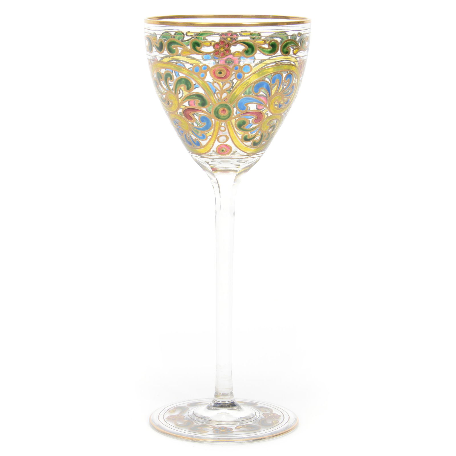 Wine Stem, Attributed To Fritz Heckert: Wine Stem, Attributed To Fritz Heckert, 7.75", Clear Crystal With Translucent Enamel Scroll Design, Circa 1895, Gary Baldwin Collection