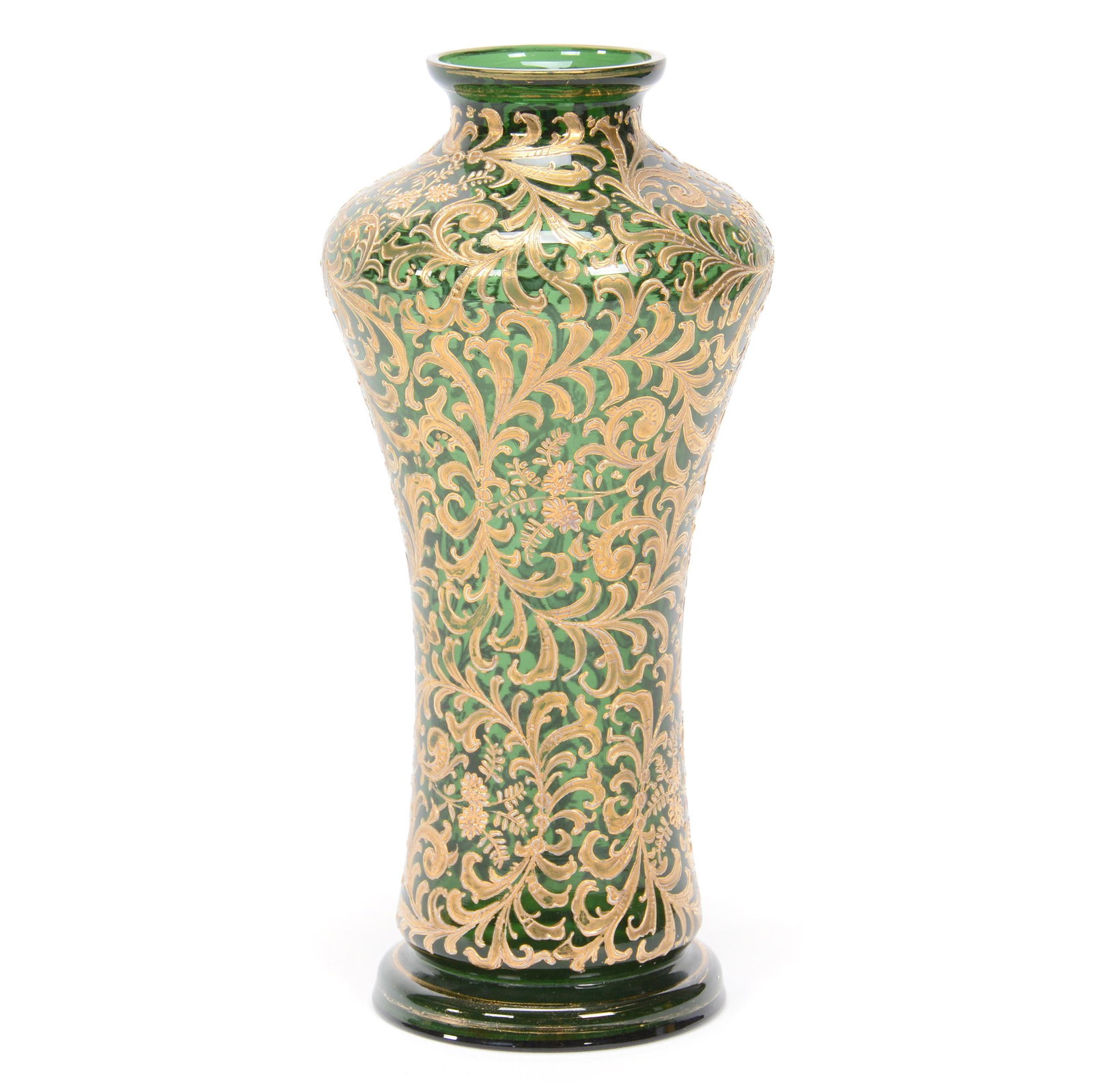 Vase, Moser Art Glass, Emerald Green: Vase, Moser Art Glass, Emerald Green, 9" x 4", Extensive Gold Enamel Plume And Floral Design, Chip on Base, Circa 1885, Gary Baldwin Collection