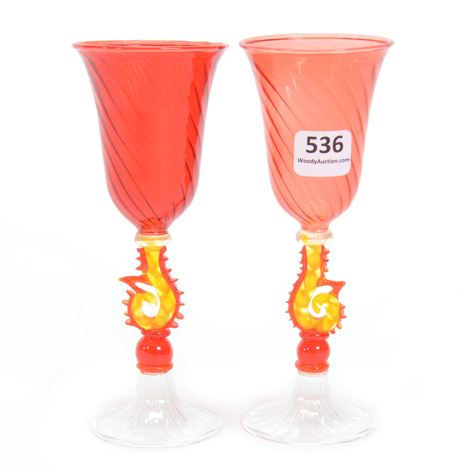 Pair Stems, Venetian Art Glass: Pair Stems, Venetian Art Glass, 6", Cranberry Swirl Bowl With Colored Figured Stem, Clear Foot, Hard to See Crack on Bowl of One Stem, Gary Baldwin Collection