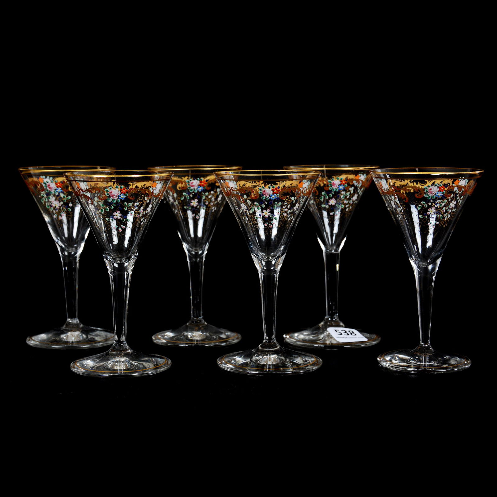 (6) Wine Stems Signed "F.H." (Fritz Heckert): (6) Wine Stems Signed "F.H." (Fritz Heckert), 4.5", Clear Crystal With Enamel Floral And Scroll Design, Circa 1890's, Gary Baldwin Collection