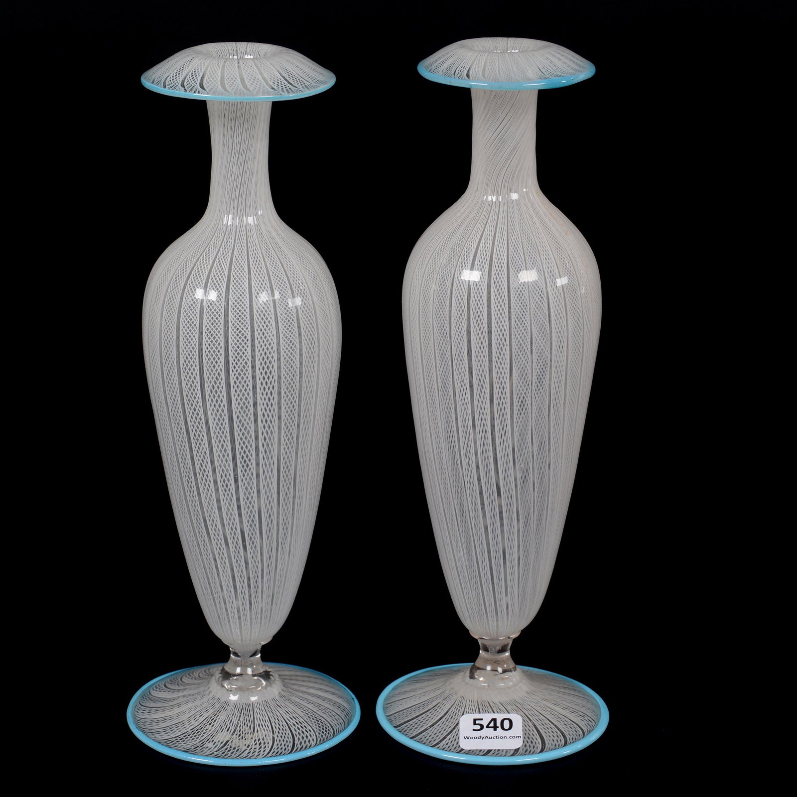 Pair Vases, Early Murano Art Glass: Pair Vases, Early Murano Art Glass, 9.75", Clear With White Latticino Design, Applied Pale Blue Rim, Circa 1900's, Gary Baldwin Collection