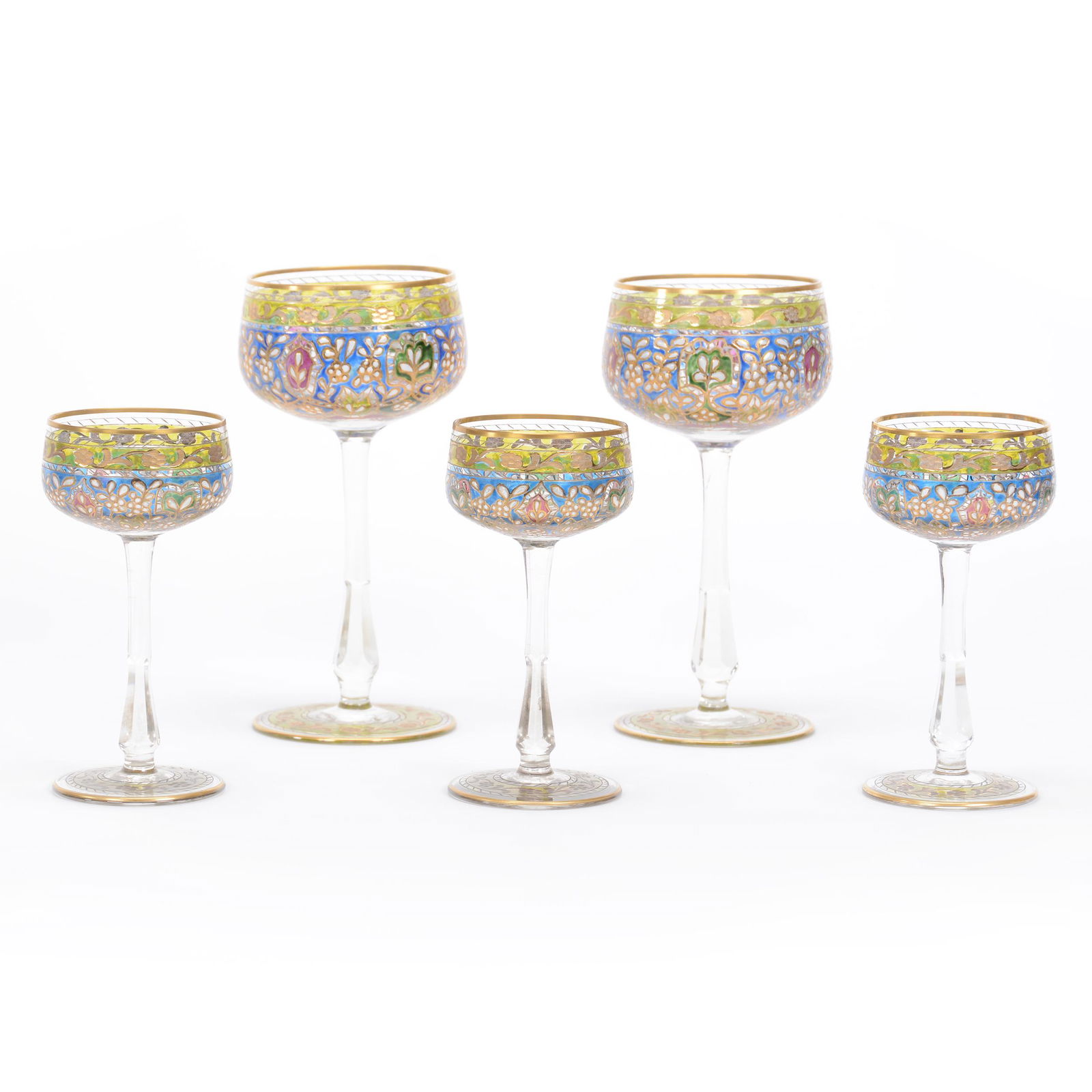 (5) Wine Stems, Attributed To Fritz Heckert: (5) Wine Stems, Attributed To Fritz Heckert, Clear Crystal With Engraved Enameled And Colored Design, (2) 6.5", (3) 5", All Same Pattern, Circa 1885, Gary Baldwin Collection