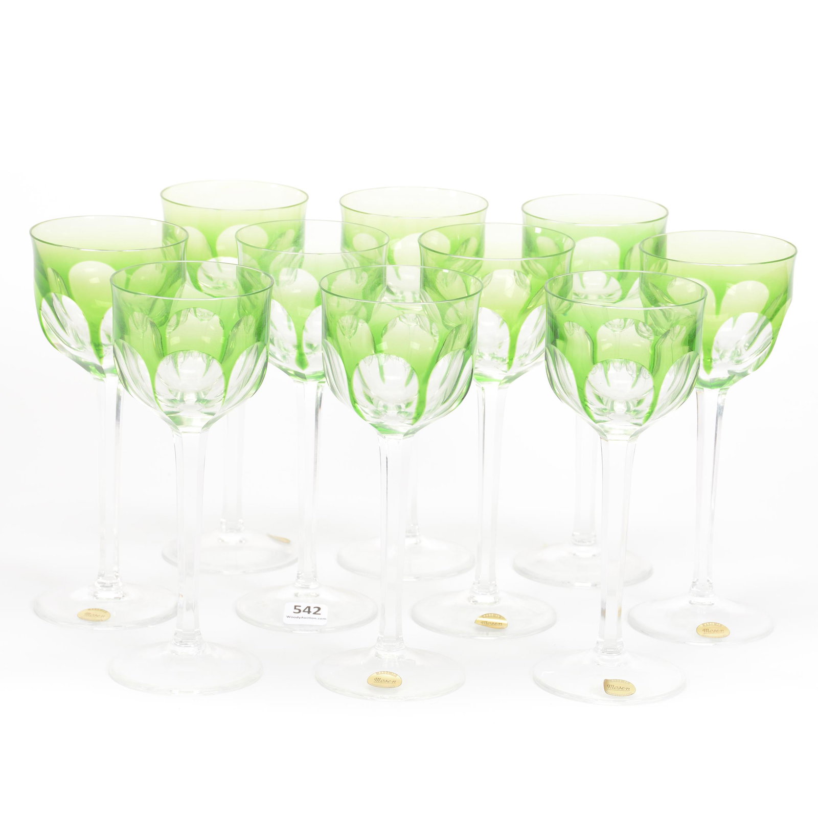 (10) Wine Stems Signed Moser Art Glass: (10) Wine Stems Signed Moser Art Glass, 7.75", Several Have Original Paper Label, Green Cut To Clear Flute Panel Pattern, Gary Baldwin Collection