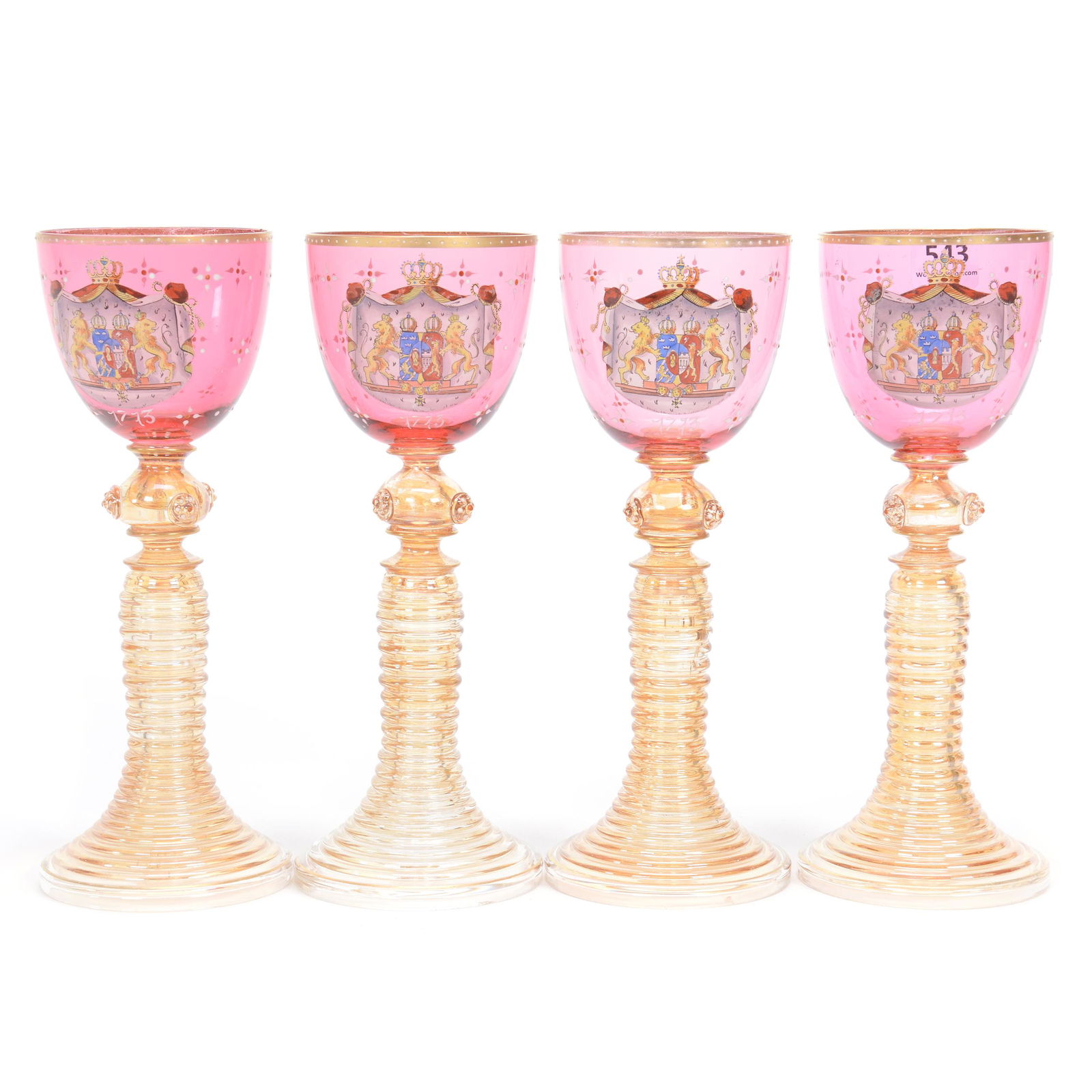 (4) Wine Stems Attributed To Moser/Fritz Heckert: (4) Wine Stems Attributed To Moser/Fritz Heckert, 8.25", Cranberry Bowl With Marigold Iridescent Stem And Foot, The Bowl Has Elaborate Enameled Coat Of Arms With Commemorative Date Of 1713, Unidentifi