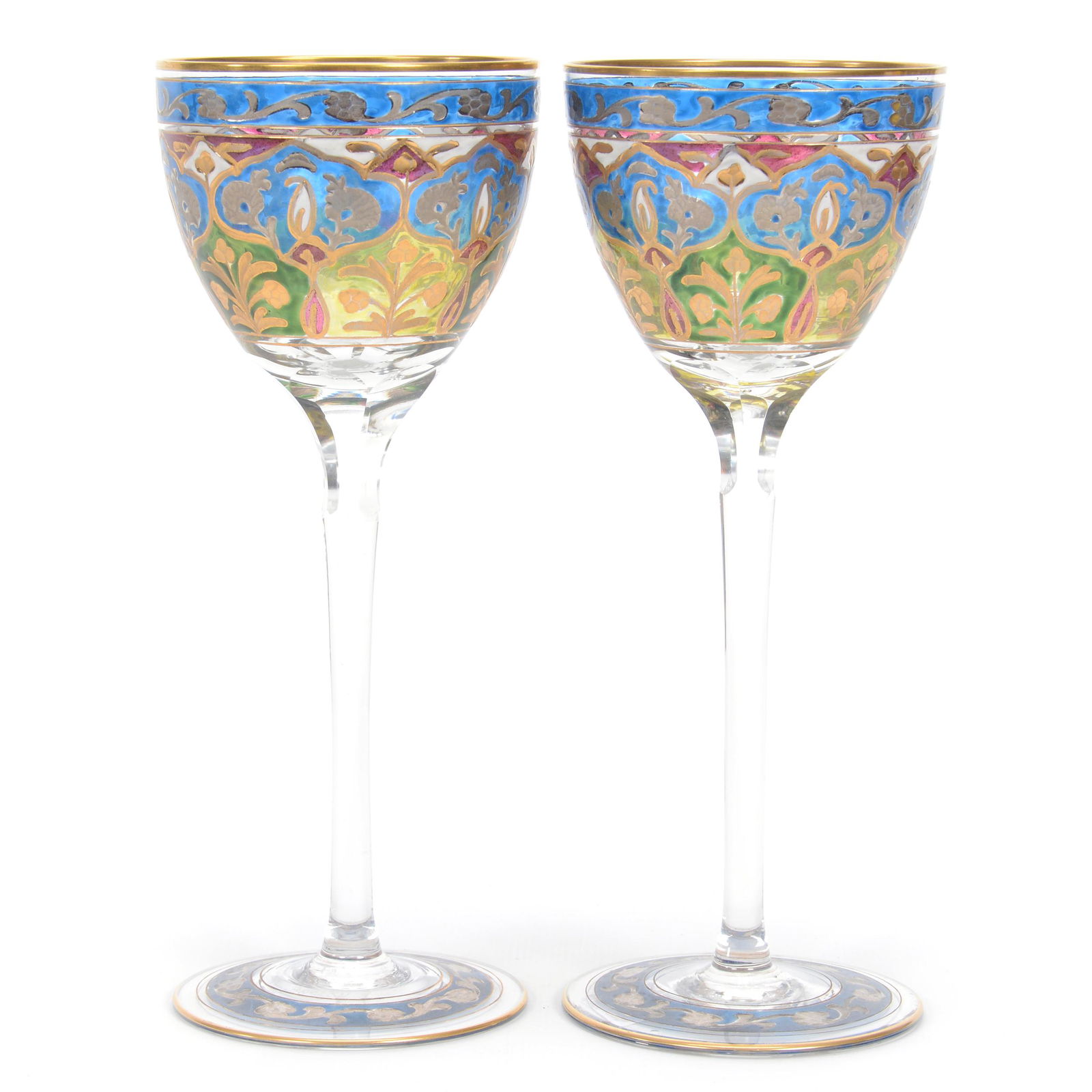 (2) Wine Stems Attributed To Fritz Heckert: (2) Wine Stems Attributed To Fritz Heckert, 7.75", Clear Crystal With Engraved Colored Floral Decor, Circa 1885, Gary Baldwin Collection