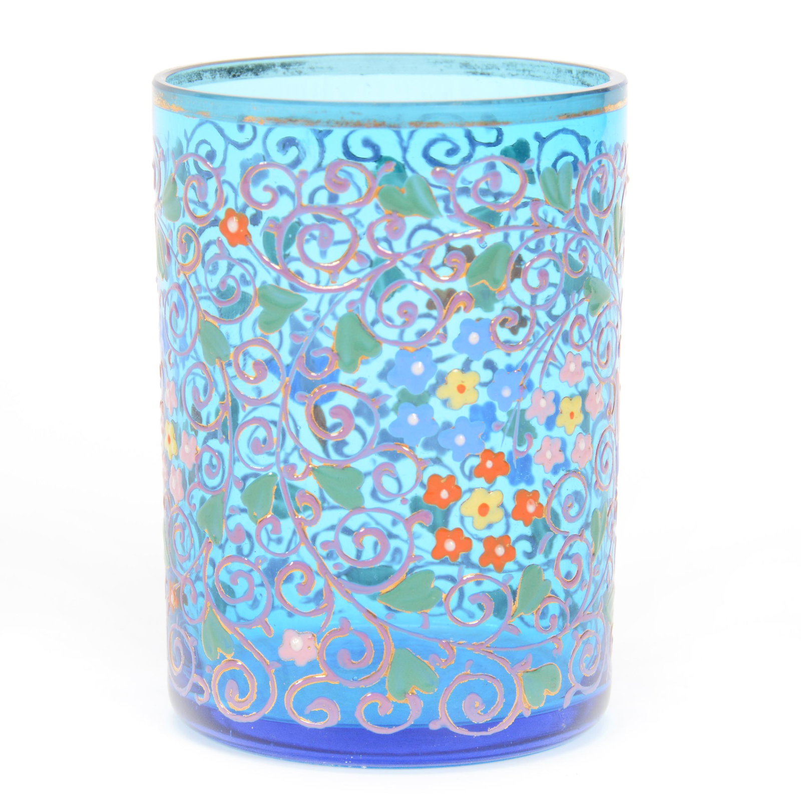 Tumbler, Attributed To Moser Art Glass: Tumbler, Attributed To Moser Art Glass, 3.5", Solid Blue With Extensive Gold Enamel And Scroll Design, Circa 1885, Gary Baldwin Collection