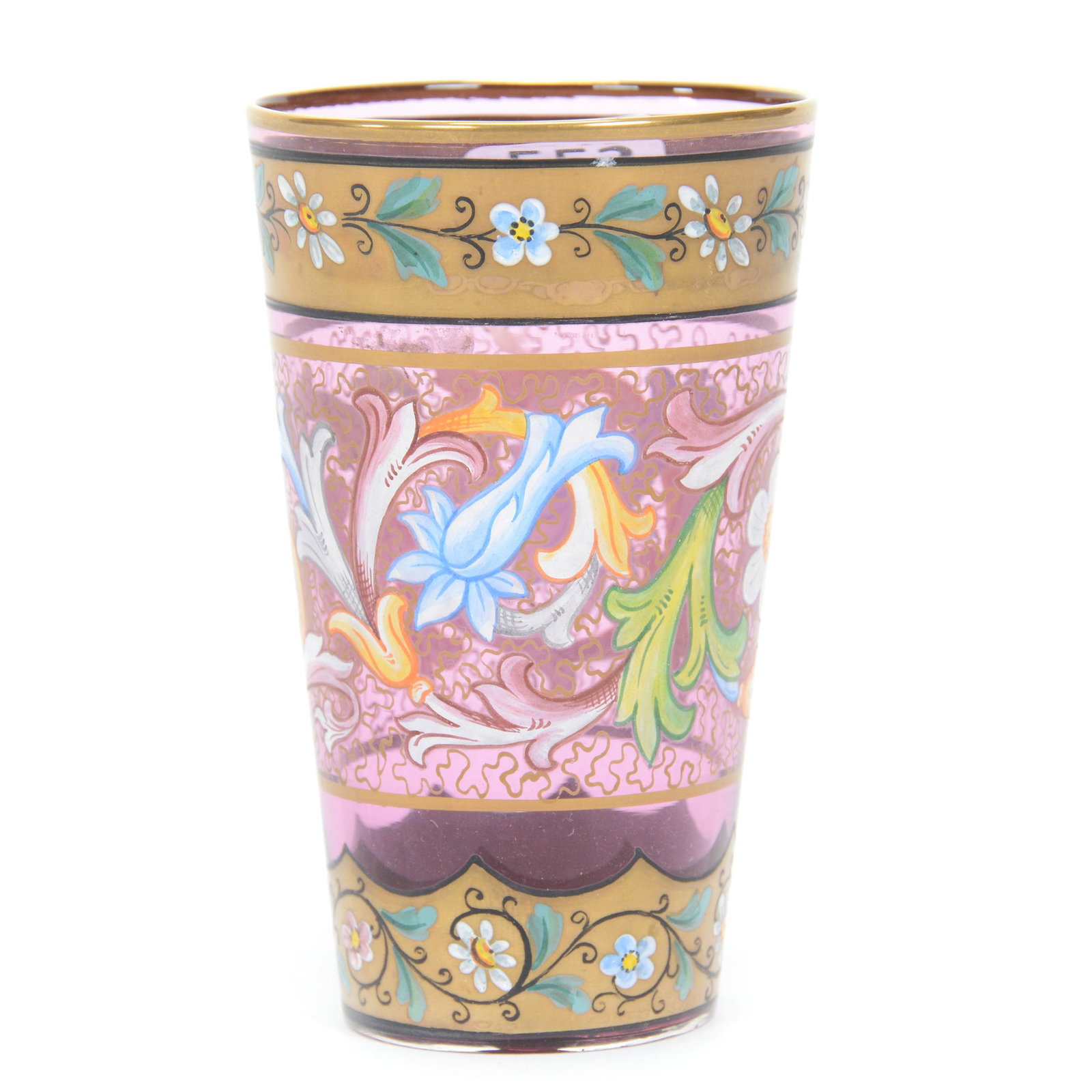 Juice Glass, Moser Cranberry Art Glass: Juice Glass, Moser Cranberry Art Glass, 3.75", Extensive Colorful Gold Scroll And Gold Band Design, Extra Nice, Circa 1890, Gary Baldwin Collection