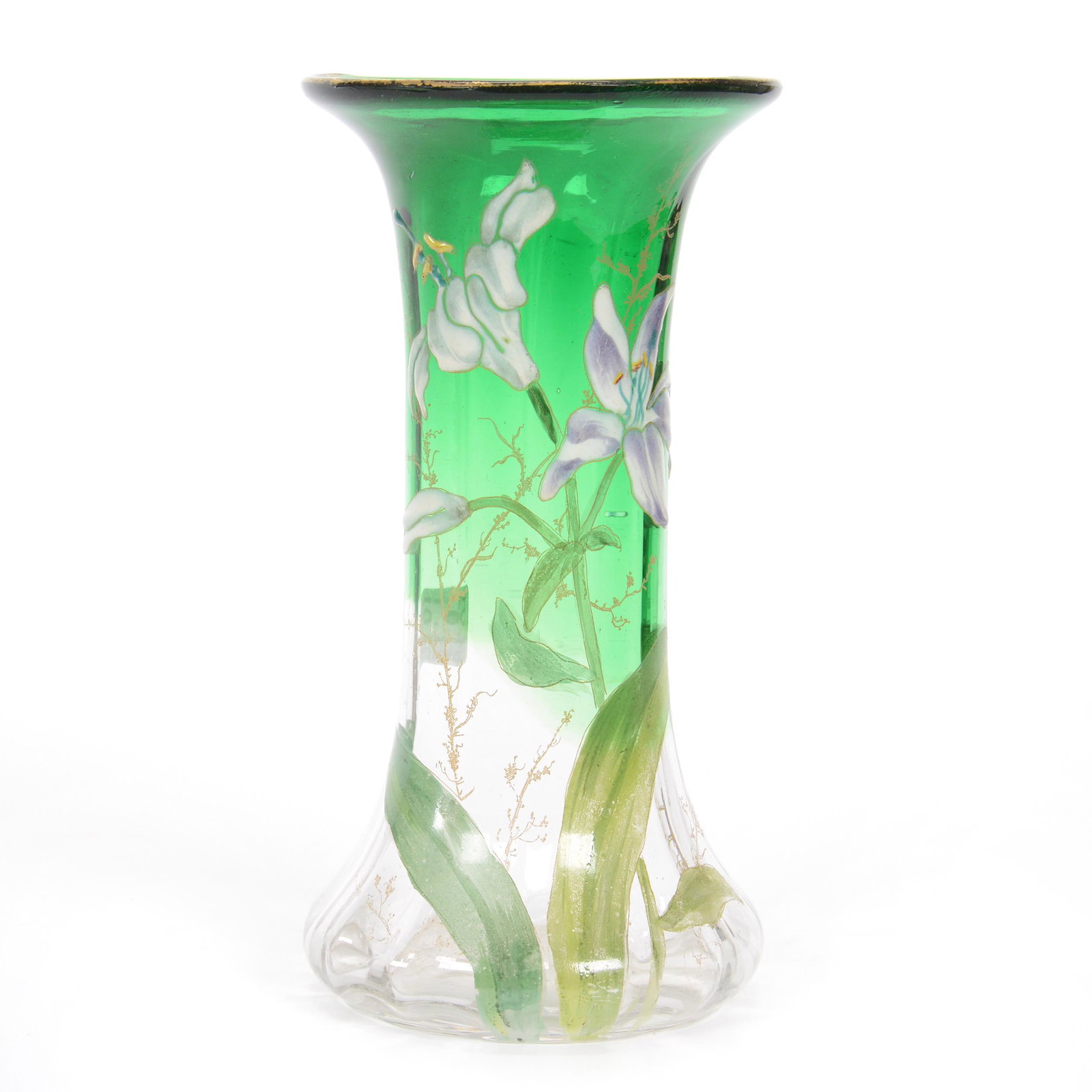 Vase, Unmarked Moser Art Glass: Vase, Unmarked Moser Art Glass, 7.75" x 4", Green Shading To Clear, Heavy Enamel Floral Decor, Gary Baldwin Collection
