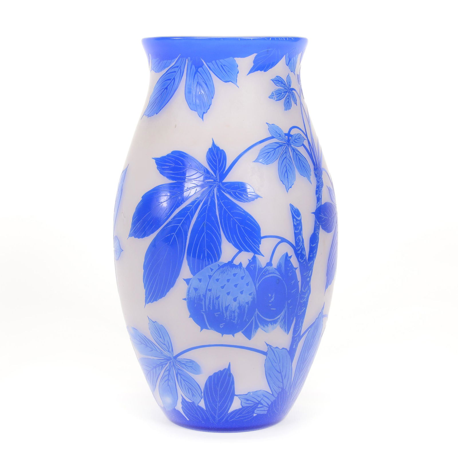 Vase Signed Loetz Cameo Glass: Vase Signed Loetz Cameo Glass, 9" x 5", White With Blue Cameo Carved Overlay, Leaf, Branch And Seed Pod Decor, Circa 1925, Gary Baldwin Collection