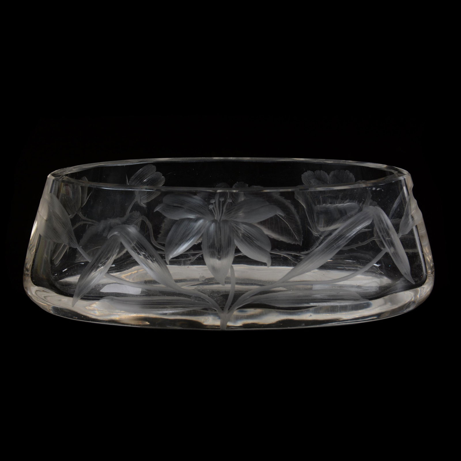 Oval Bowl Signed Moser Karlsbad: Oval Bowl Signed Moser Karlsbad, 2.5" x 7.5", Clear Crystal With Engraved Floral Decor, Gary Baldwin Collection