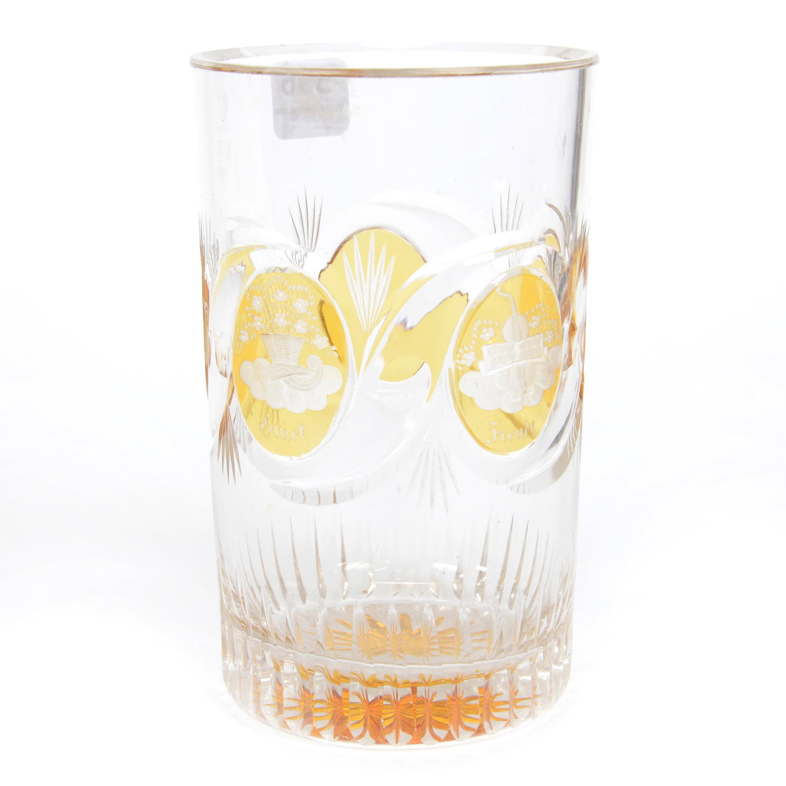 Cylinder Vase Attributed To Biedermeier: Cylinder Vase Attributed To Biedermeier, 5.75" x 3.5", Clear Crystal With Yellow Flash, Finely Engraved Medallions, Ray Cut Base, Gary Baldwin Collection