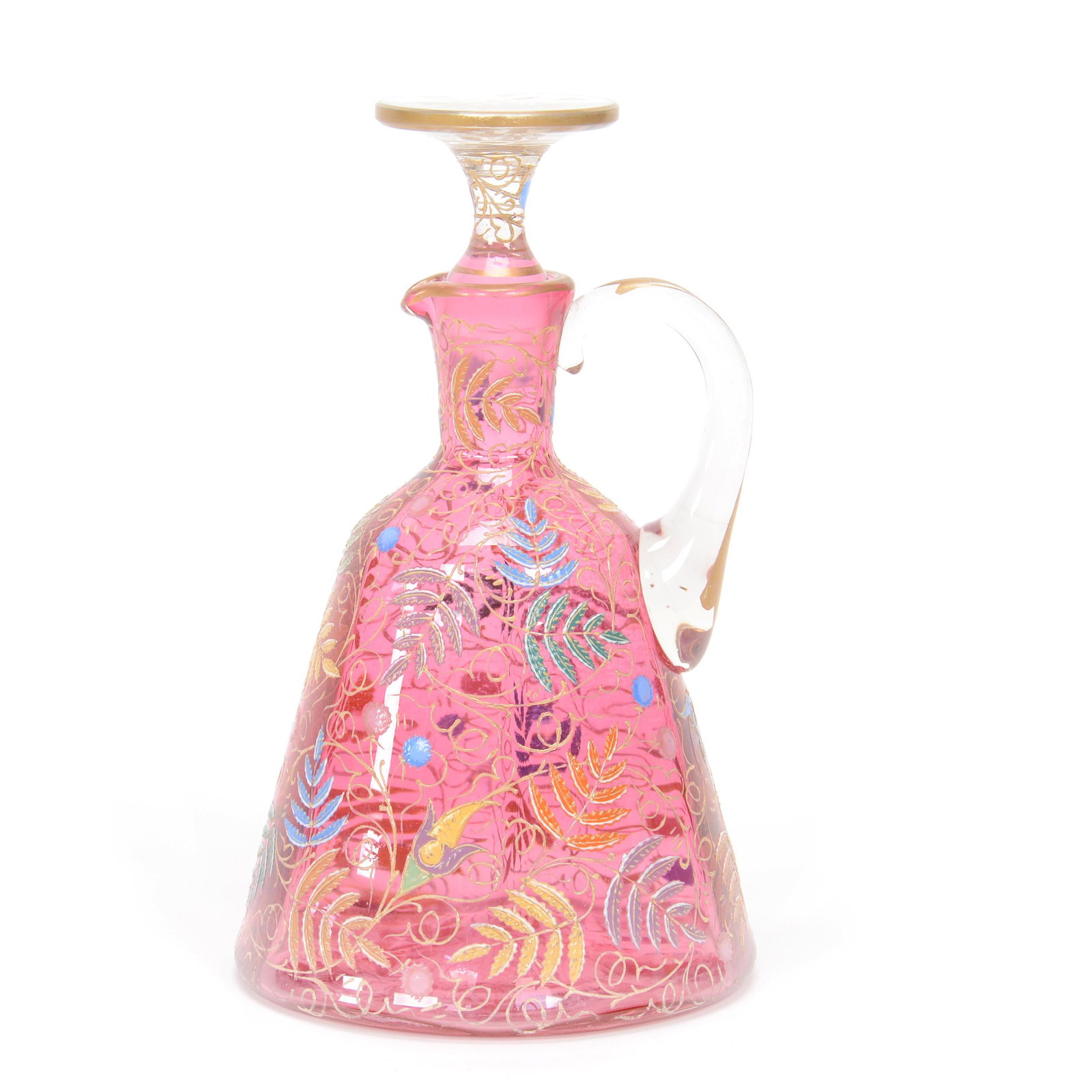 Cruet Bottle, Moser Cranberry Art Glass: Cruet Bottle, Moser Cranberry Art Glass, 6.5", Colorful Enamel Fern Decor, Pattern Matched Stopper, Circa 1885, Gary Baldwin Collection