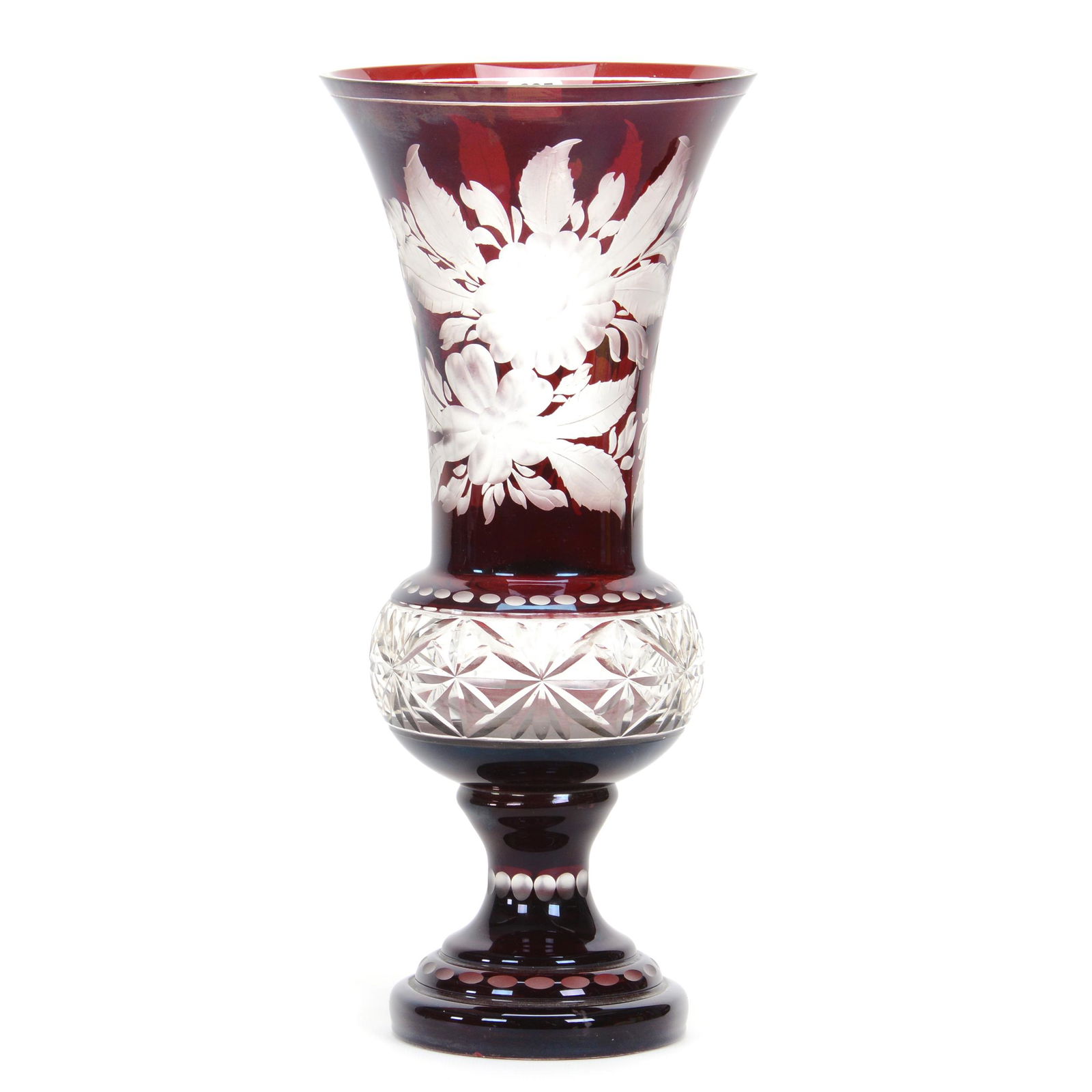 Pedestal Vase, Bohemian Ruby Flash, Engraved: Pedestal Vase, Bohemian Ruby Flash, Engraved, 14.75" x 6.75", Engraved Floral Decor, Circa 1870, Gary Baldwin Collection
