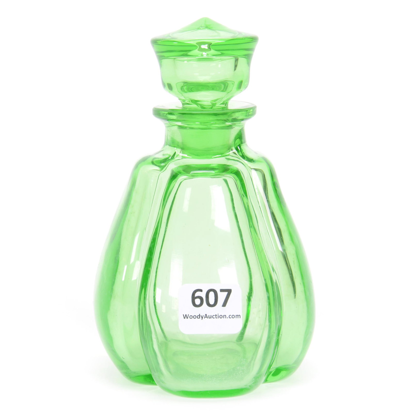 Perfume Bottle Signed Moser Art Glass: Perfume Bottle Signed Moser Art Glass, 5.25" x 3.5", Solid Green, Identical Form As Lot #580, Circa 1925, Gary Baldwin Collection