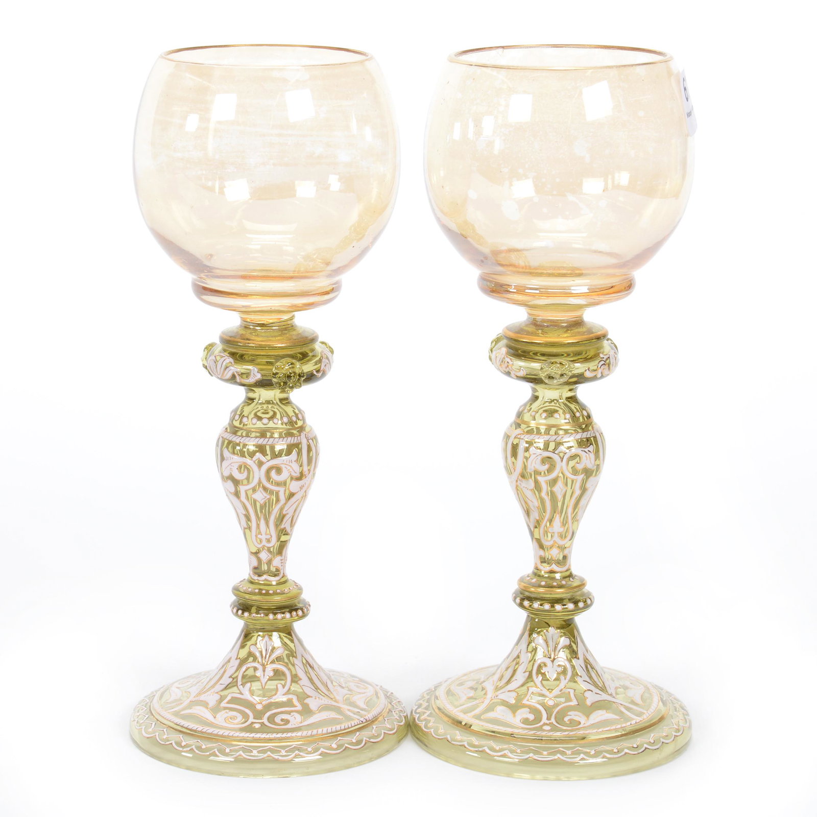 (2) Wine Stems, Moser Art Glass: (2) Wine Stems, Moser Art Glass, 7.75", Marigold Iridescent Bowl, Green Stem With White Enamel Scroll Design, Gary Baldwin Collection
