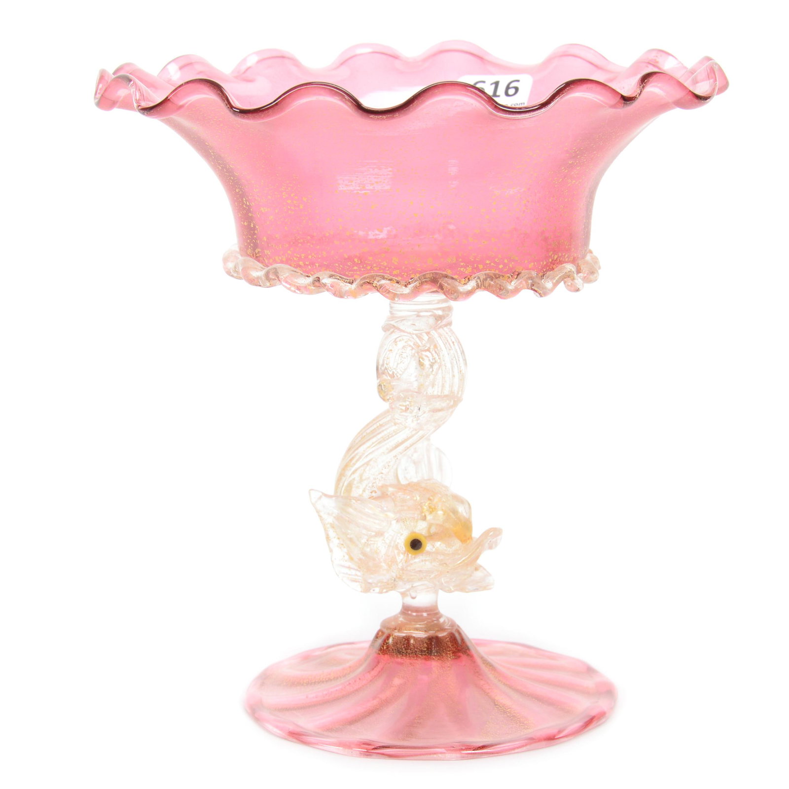 Compote, Murano Art Glass: Compote, Murano Art Glass, 6.75" x 6.25", Cranberry Bowl And Foot With Gold Mica Highlights, Figural Dolphin Stem, Circa 1900, Gary Baldwin Collection