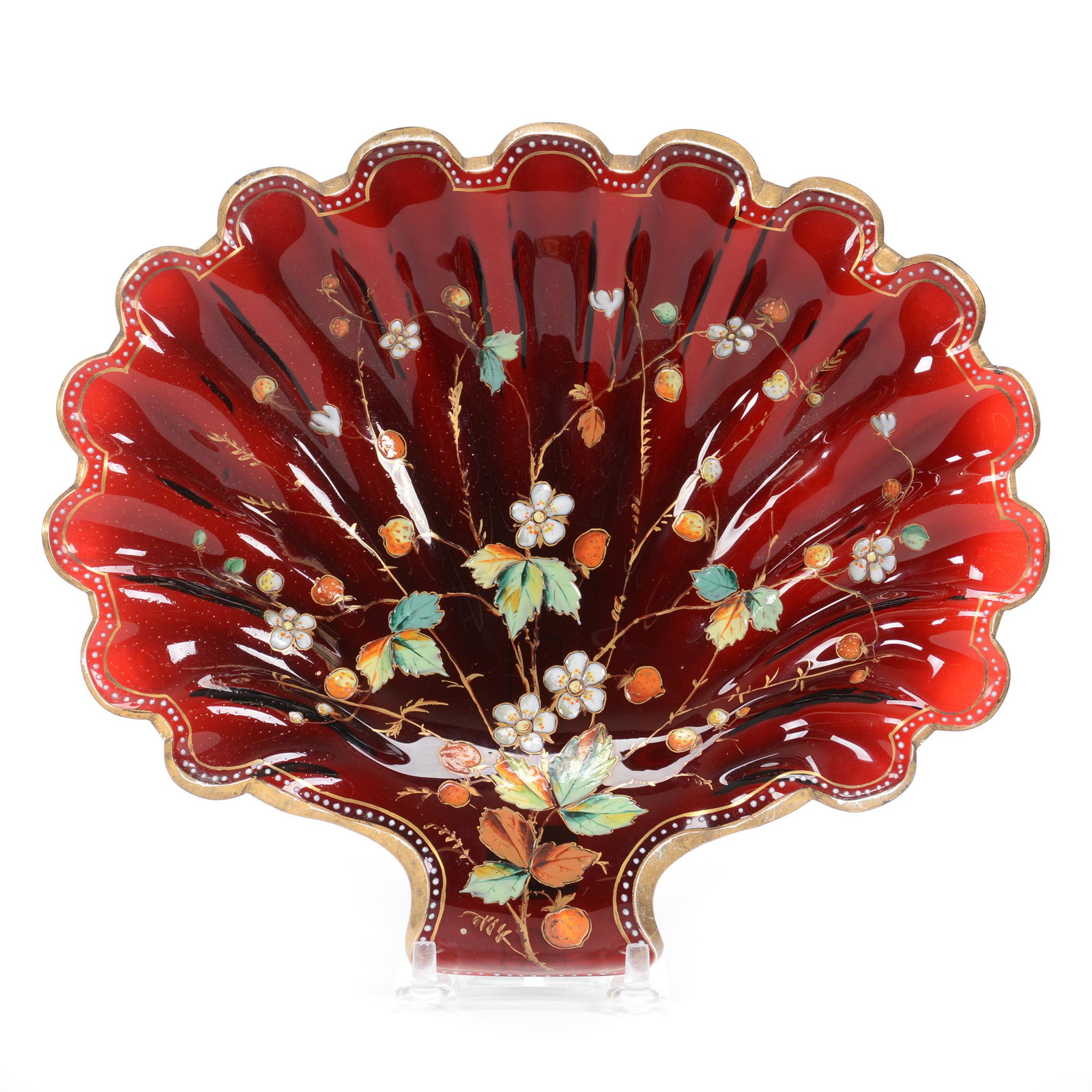 Shell Shaped Tray, Moser Art Glass: Shell Shaped Tray, Moser Art Glass, 8.25" x 9.5", Blood Red With Enamel Strawberry Decor, Excellent Quality, Circa 1885, Gary Baldwin Collection