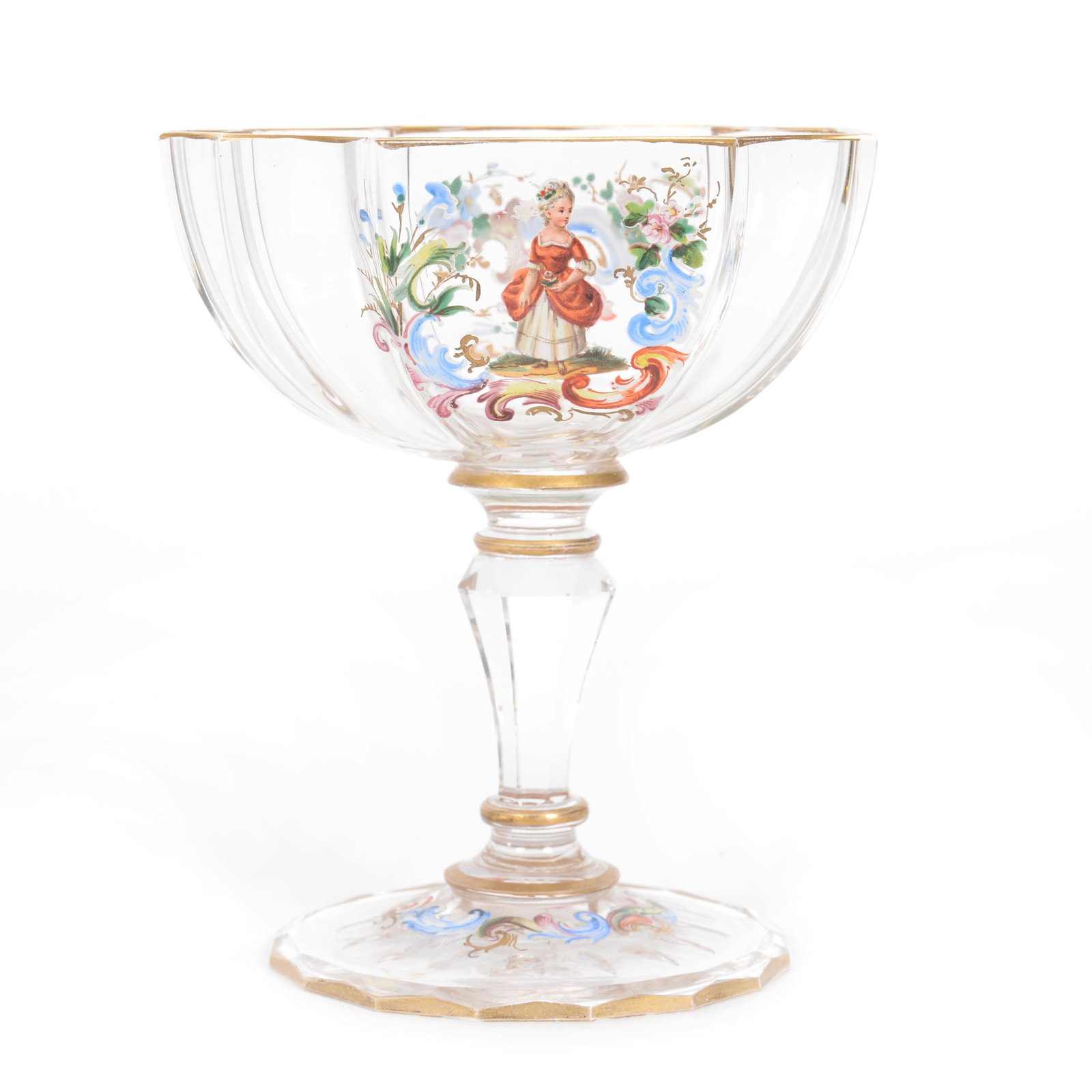 Compote Signed Lobmeyr Art Glass: Compote Signed Lobmeyr Art Glass, 4.75", Clear Crystal With Colorful Enamel Scroll And Classically Dressed Woman Decor, Circa 1890's, Gary Baldwin Collection