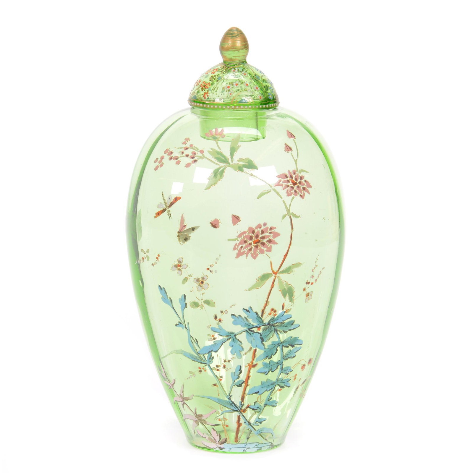 Covered Jar, Silesian Moser Art Glass: Covered Jar, Silesian Moser Art Glass, 8.75" x 4.25", Solid Green With Colorful Enamel Floral And Insect Decor, Pattern Matched Lid, Circa 1885, Gary Baldwin Collection